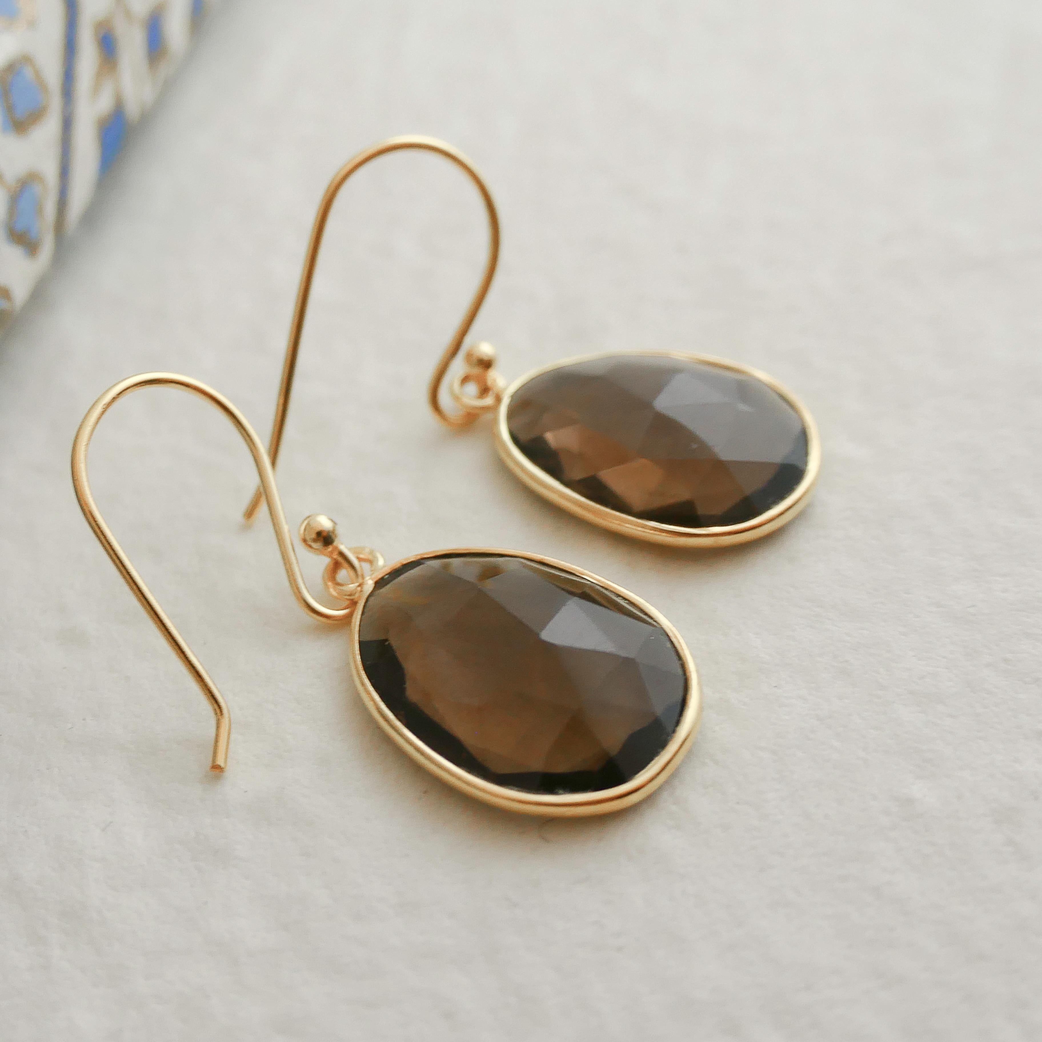 Women's Smoky Quartz Gold Plated Sterling Silver Drop Dangle Earrings For Sale