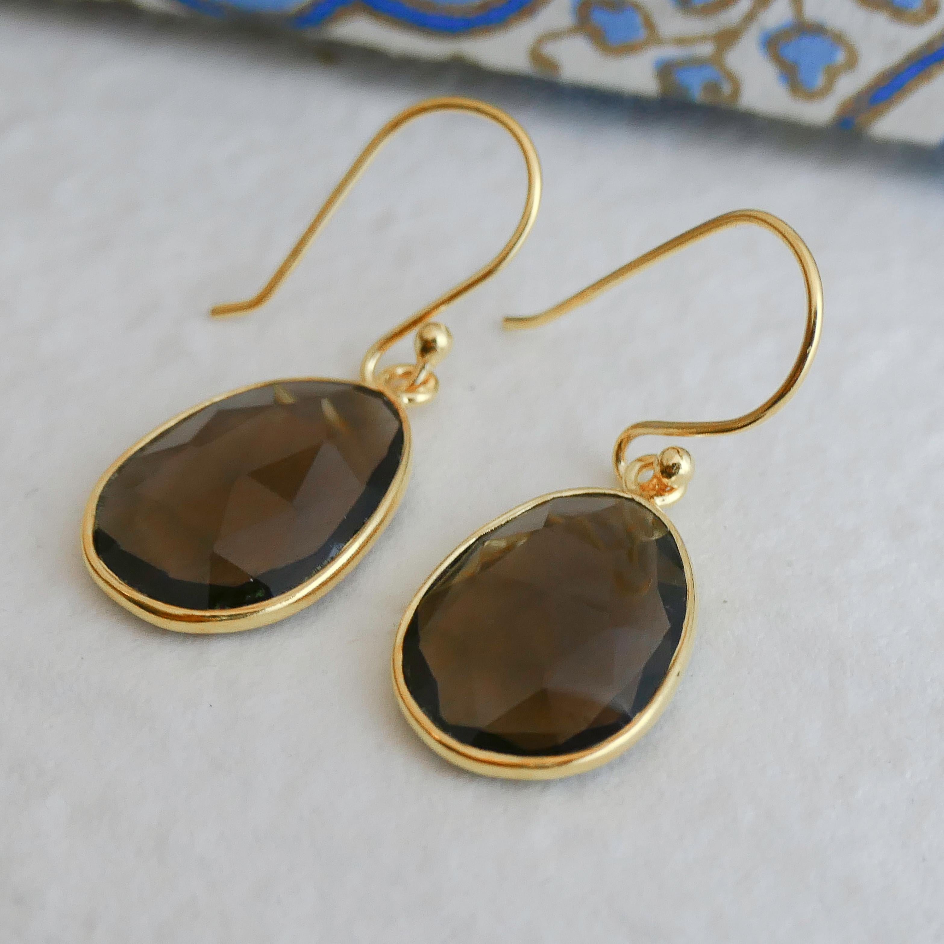 Smoky Quartz Gold Plated Sterling Silver Drop Dangle Earrings For Sale 1