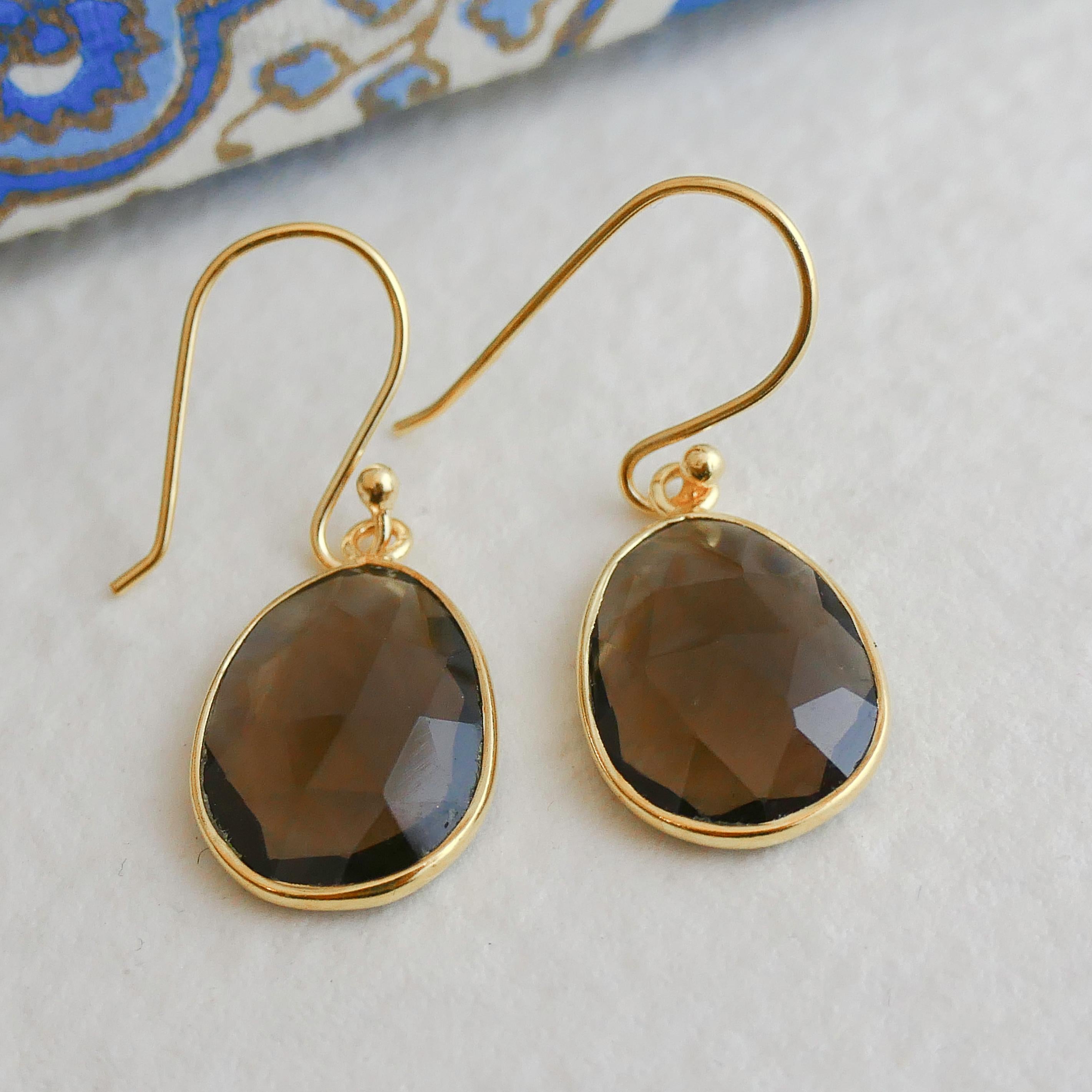 Smoky Quartz Gold Plated Sterling Silver Drop Dangle Earrings For Sale 2