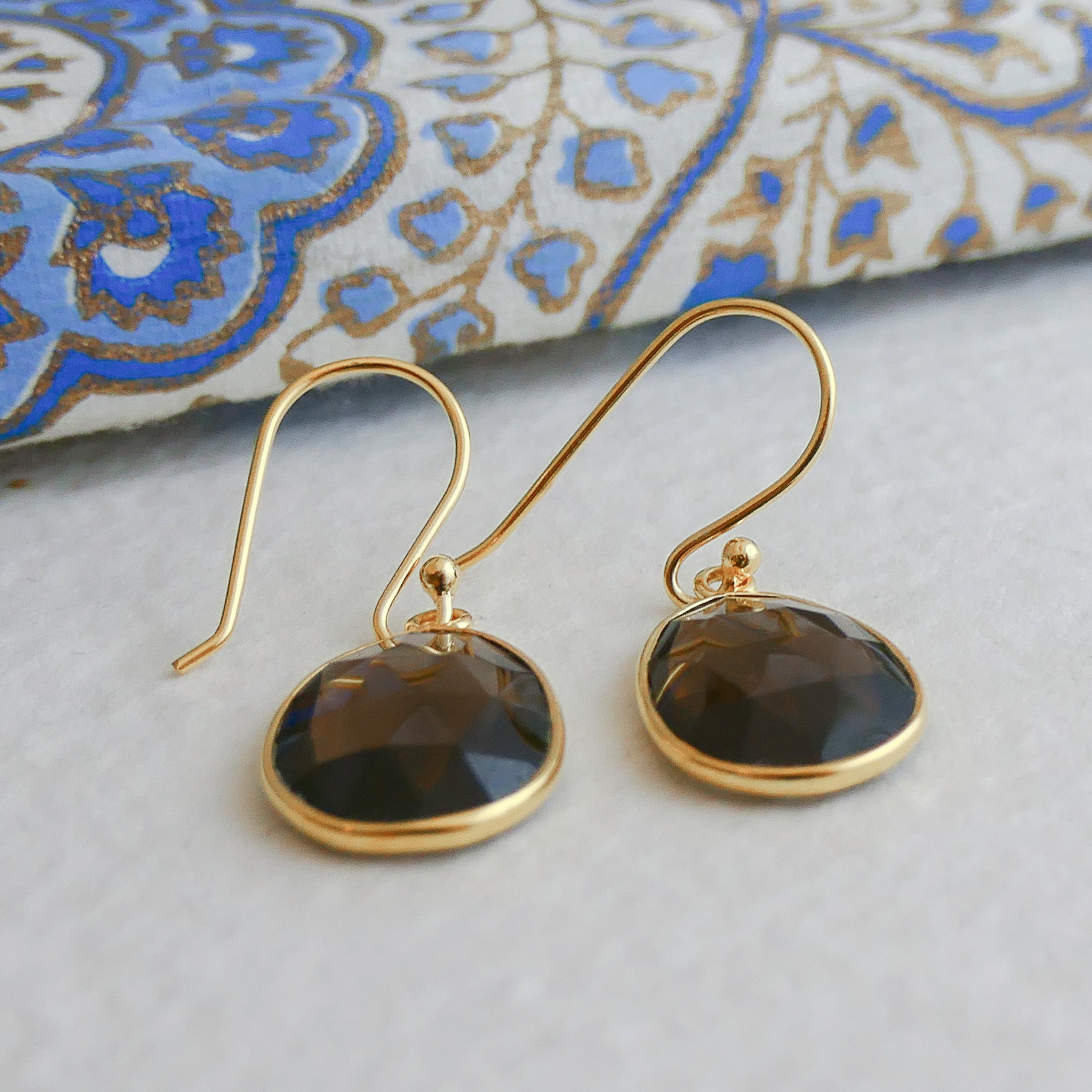 Smoky Quartz Gold Plated Sterling Silver Drop Dangle Earrings For Sale 3