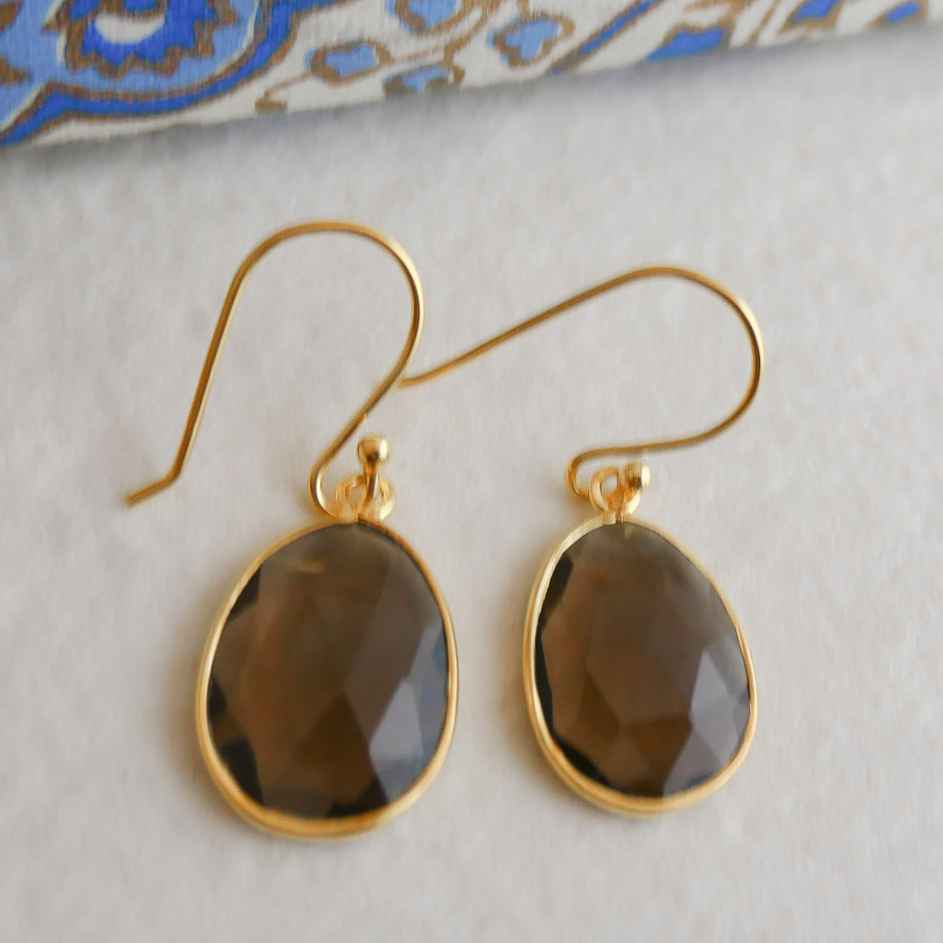 Smoky Quartz Gold Plated Sterling Silver Drop Dangle Earrings For Sale 4