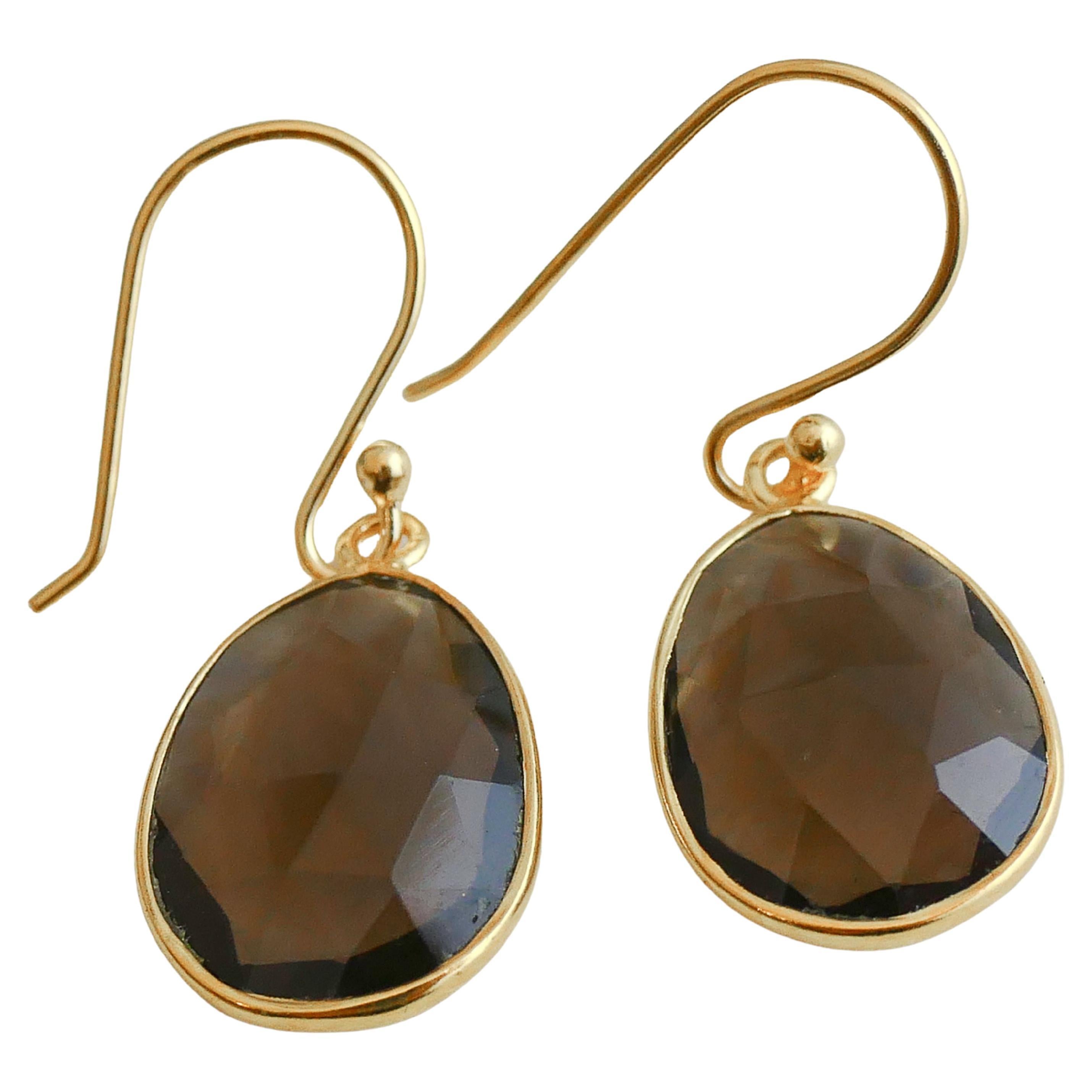 Smoky Quartz Gold Plated Sterling Silver Drop Dangle Earrings For Sale