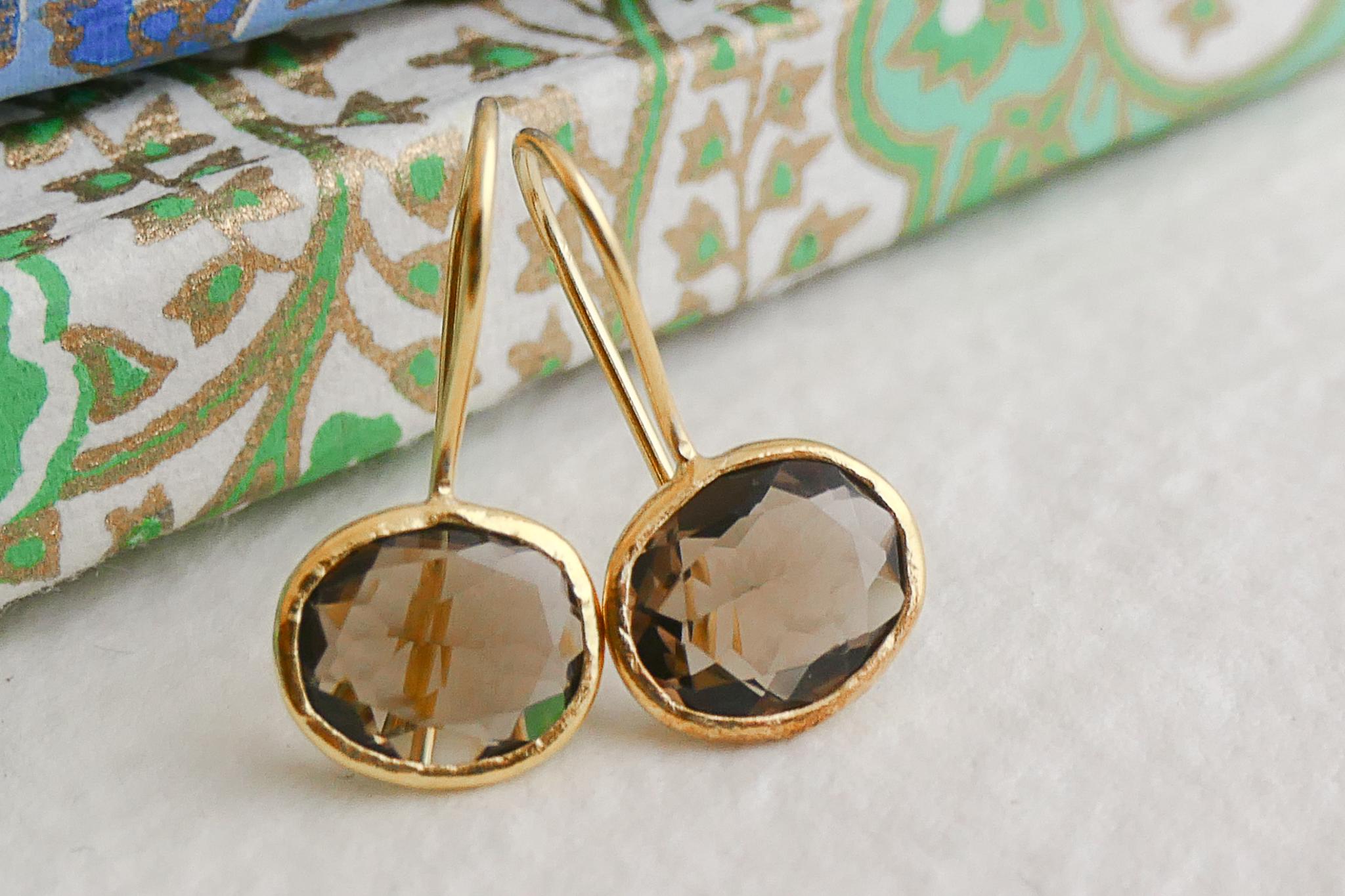 Oval Cut Smoky Quartz Gold Plated Sterling Silver Drop Earrings For Sale