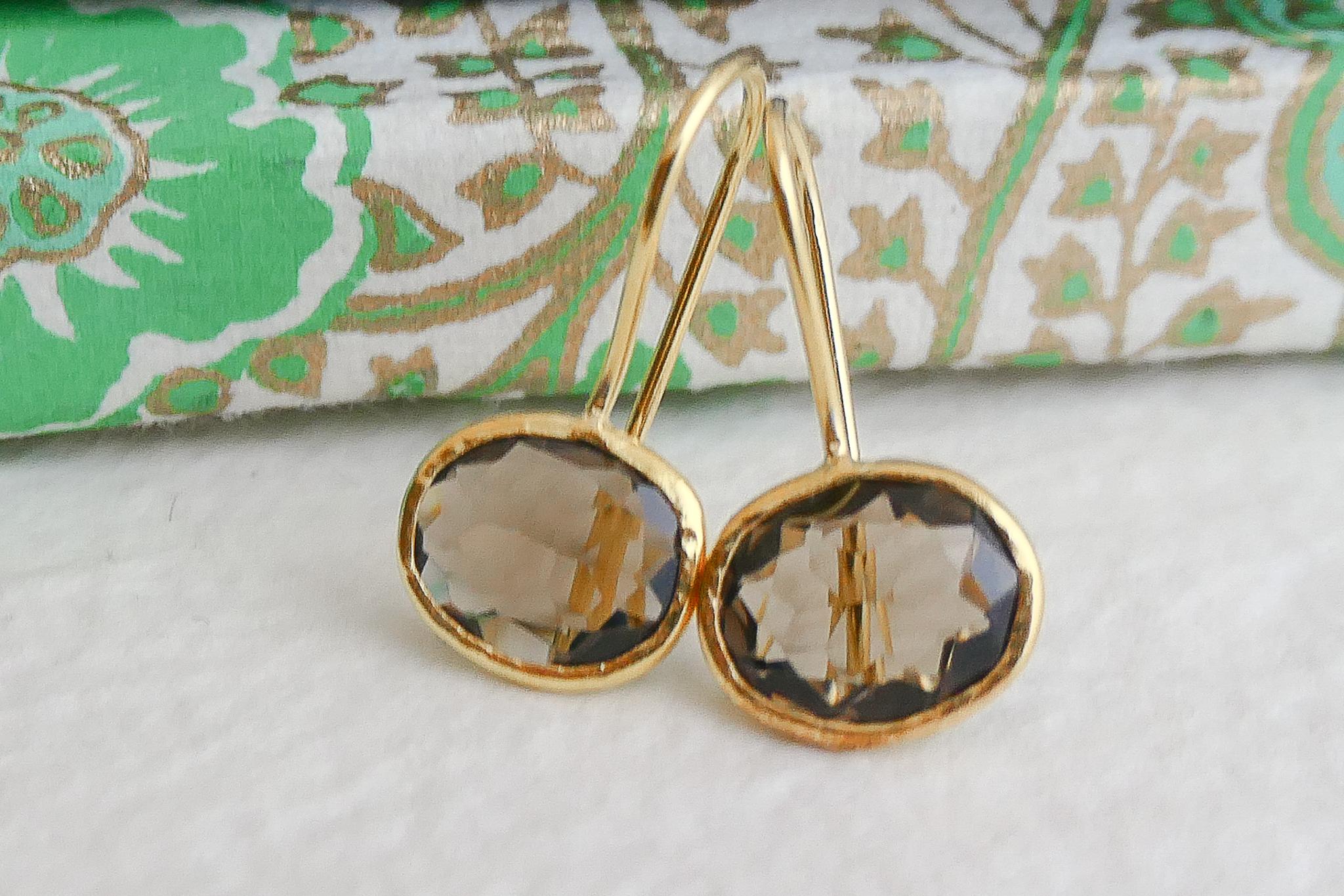 Smoky Quartz Gold Plated Sterling Silver Drop Earrings In New Condition For Sale In Oslo, 03