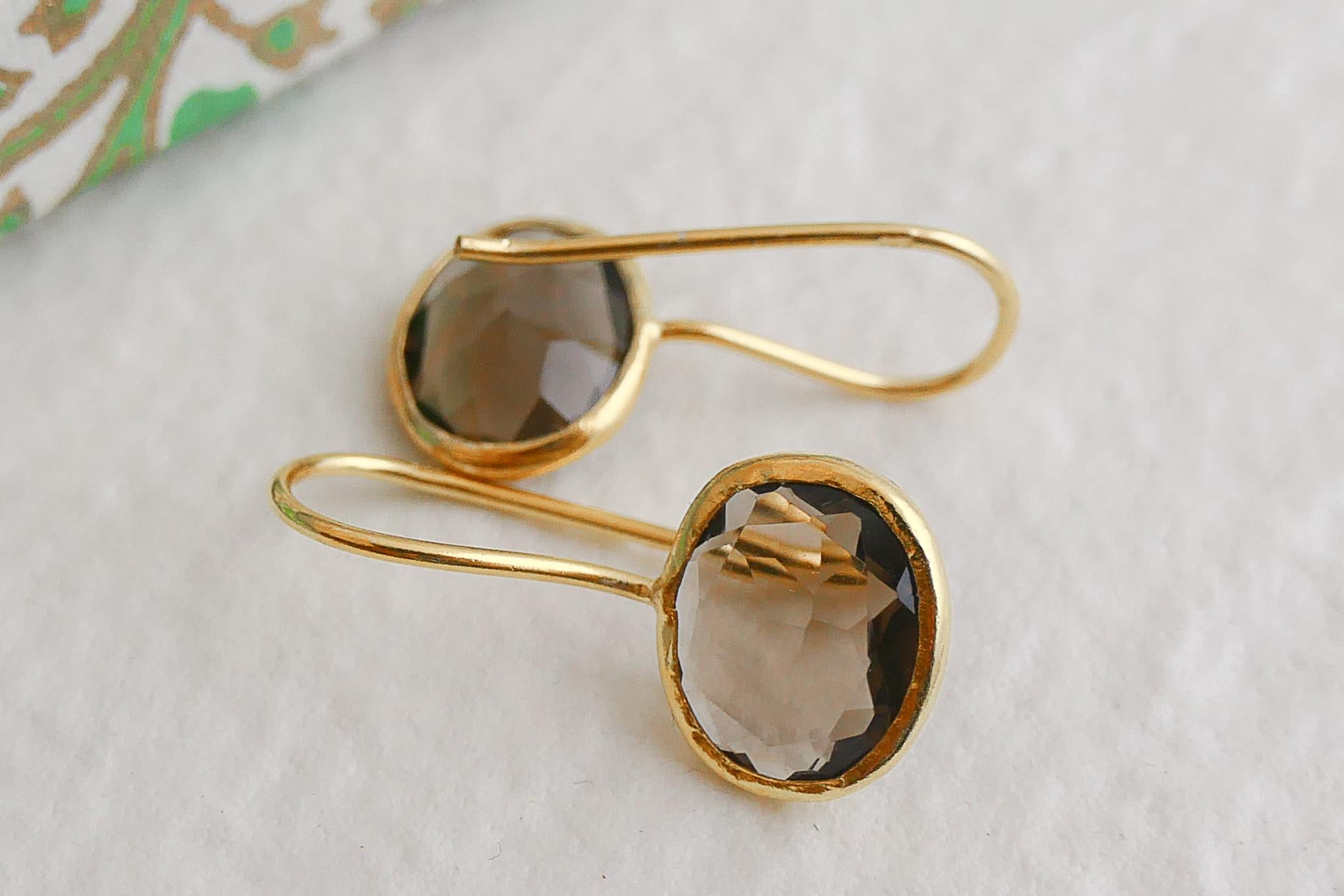 Women's Smoky Quartz Gold Plated Sterling Silver Drop Earrings For Sale