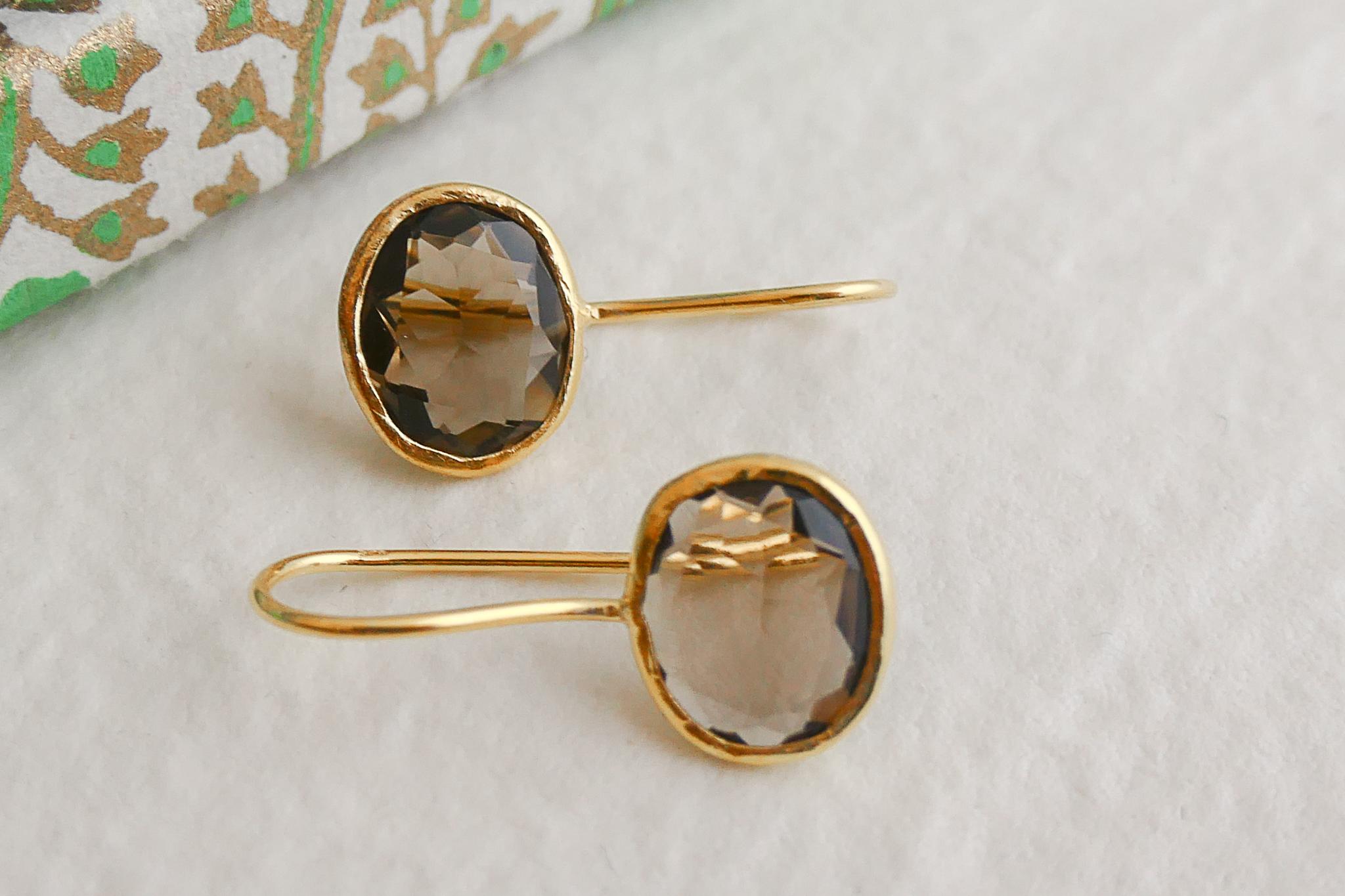Smoky Quartz Gold Plated Sterling Silver Drop Earrings For Sale 1