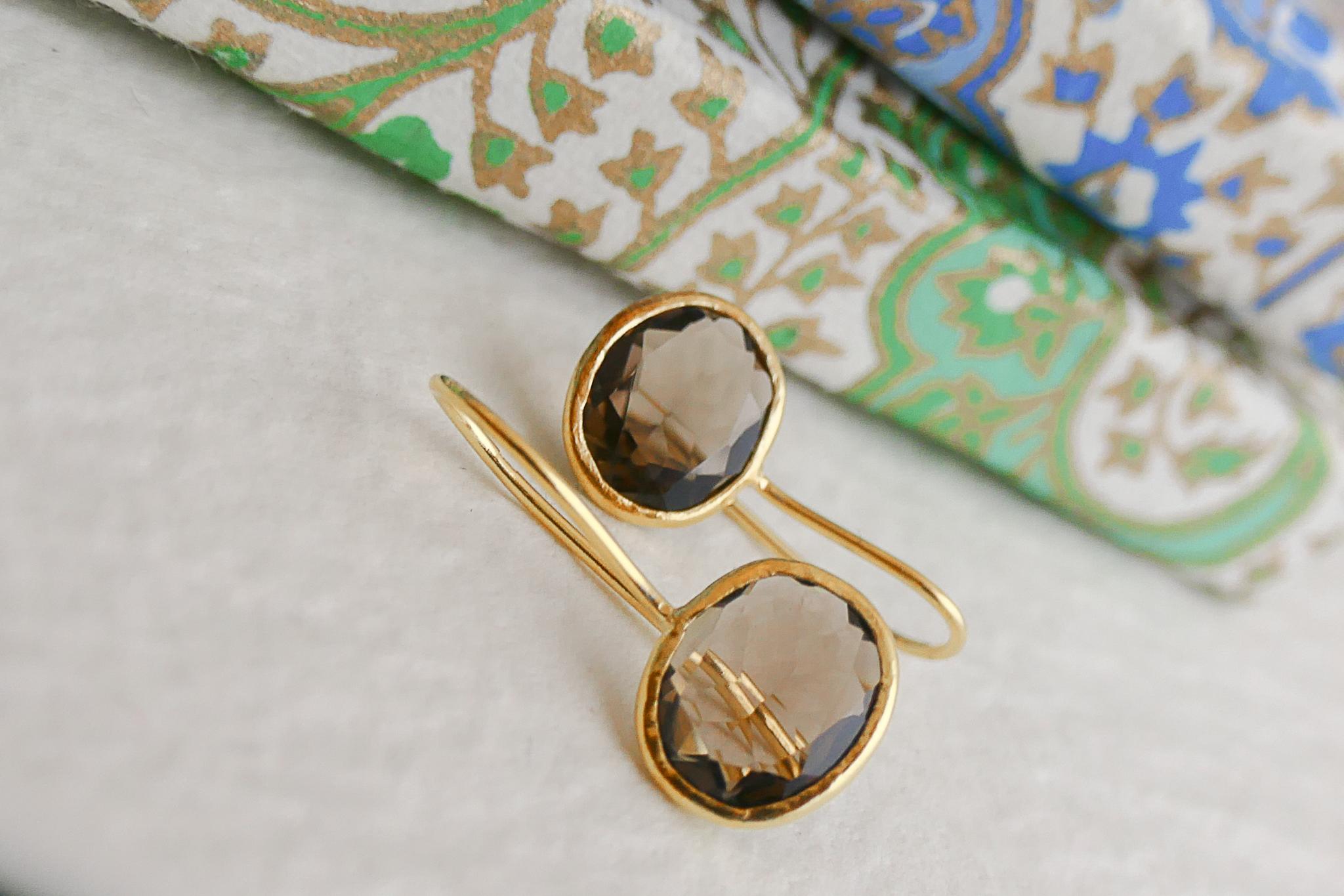 Smoky Quartz Gold Plated Sterling Silver Drop Earrings For Sale 2