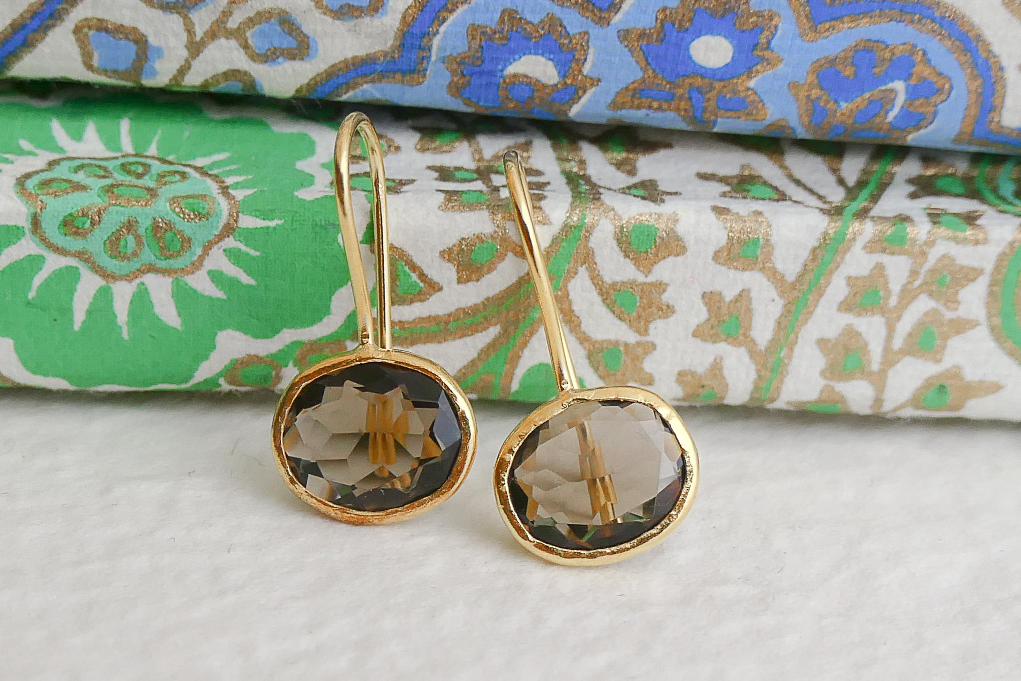 Smoky Quartz Gold Plated Sterling Silver Drop Earrings For Sale 4