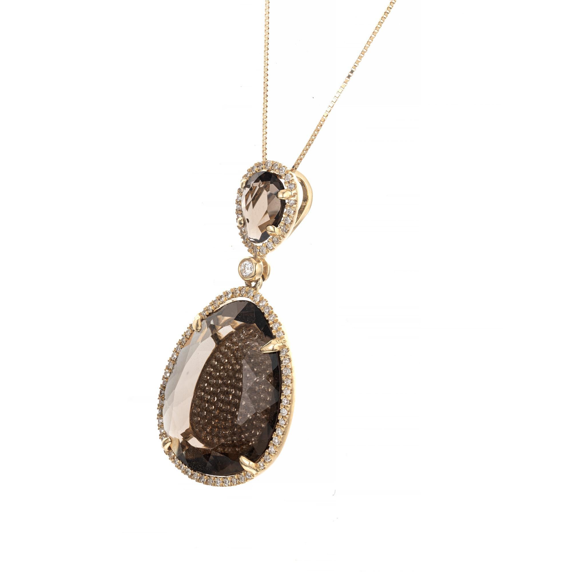 Pear Cut Smoky Quartz Micro Pave Diamond Gold Pendant Necklace For Sale