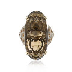 Smoky Quartz, Orange Sapphire and Diamond Studded Ring 14 Karat Yellow Gold