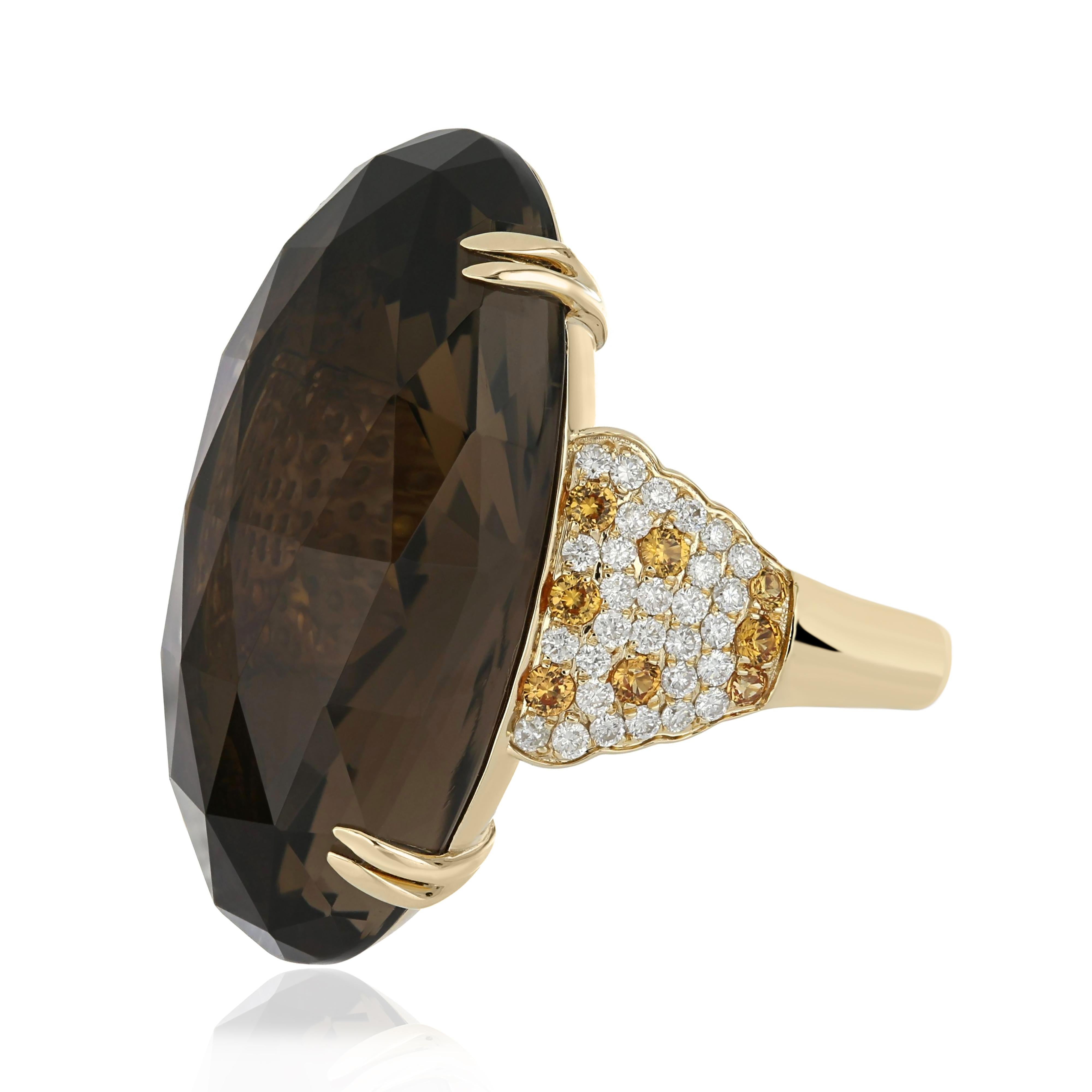 For Sale:  Smoky Quartz, Orange Sapphire and Diamond Studded Ring 14 Karat Yellow Gold 3