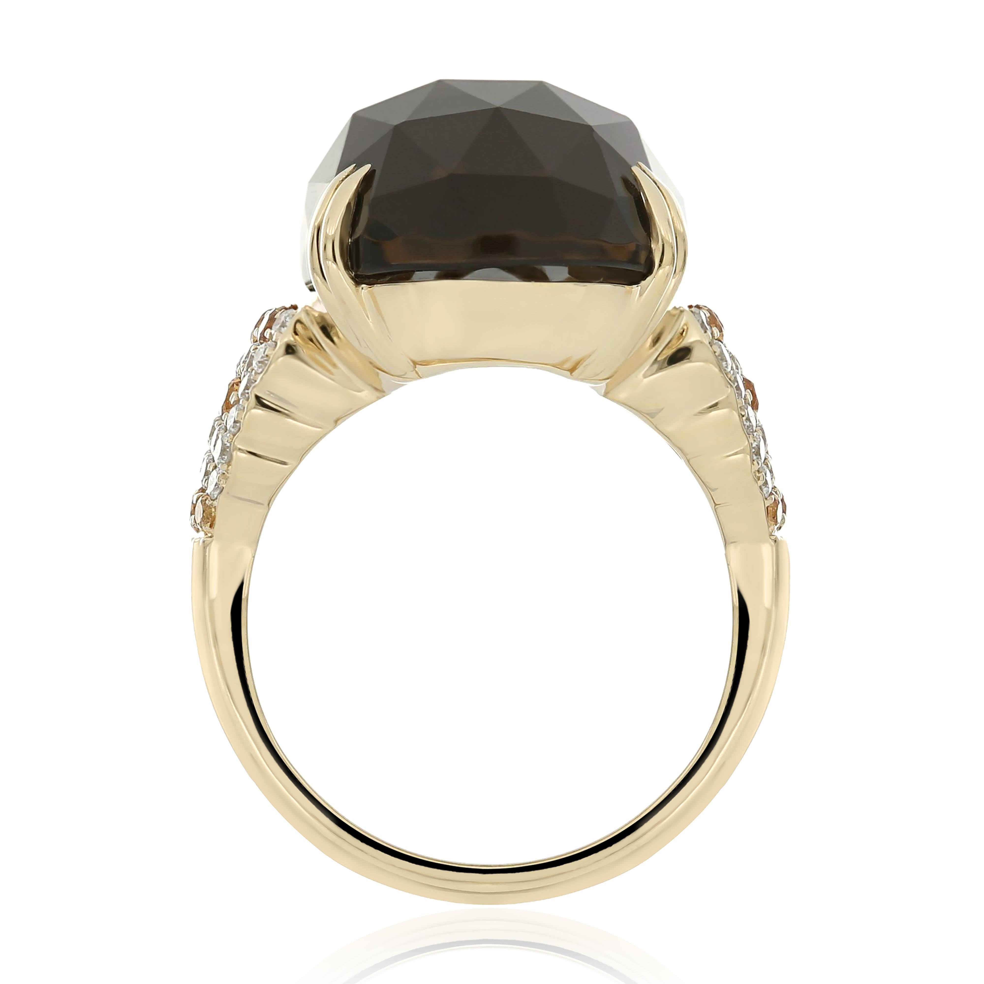 For Sale:  Smoky Quartz, Orange Sapphire and Diamond Studded Ring 14 Karat Yellow Gold 5