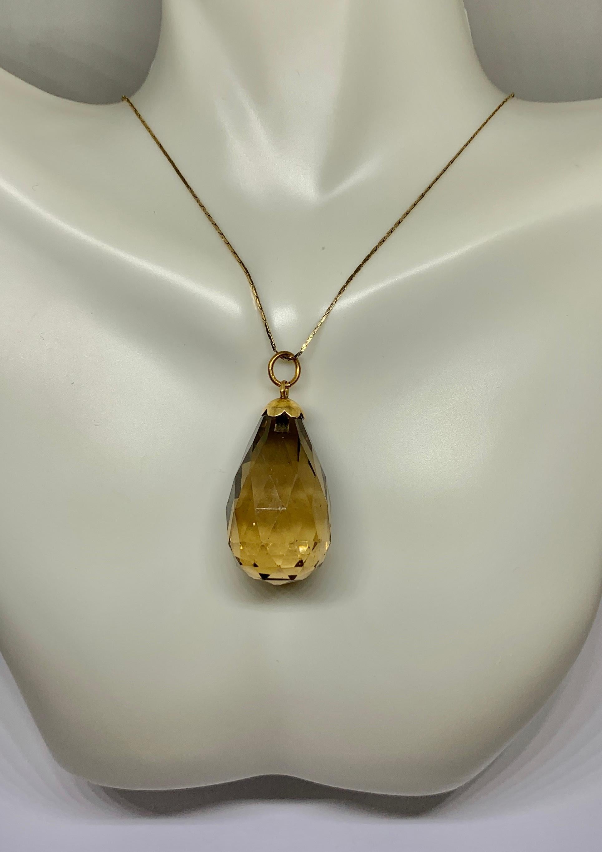 Retro Smoky Quartz Pendant Necklace 14 Karat Yellow Gold Antique Faceted Briolette