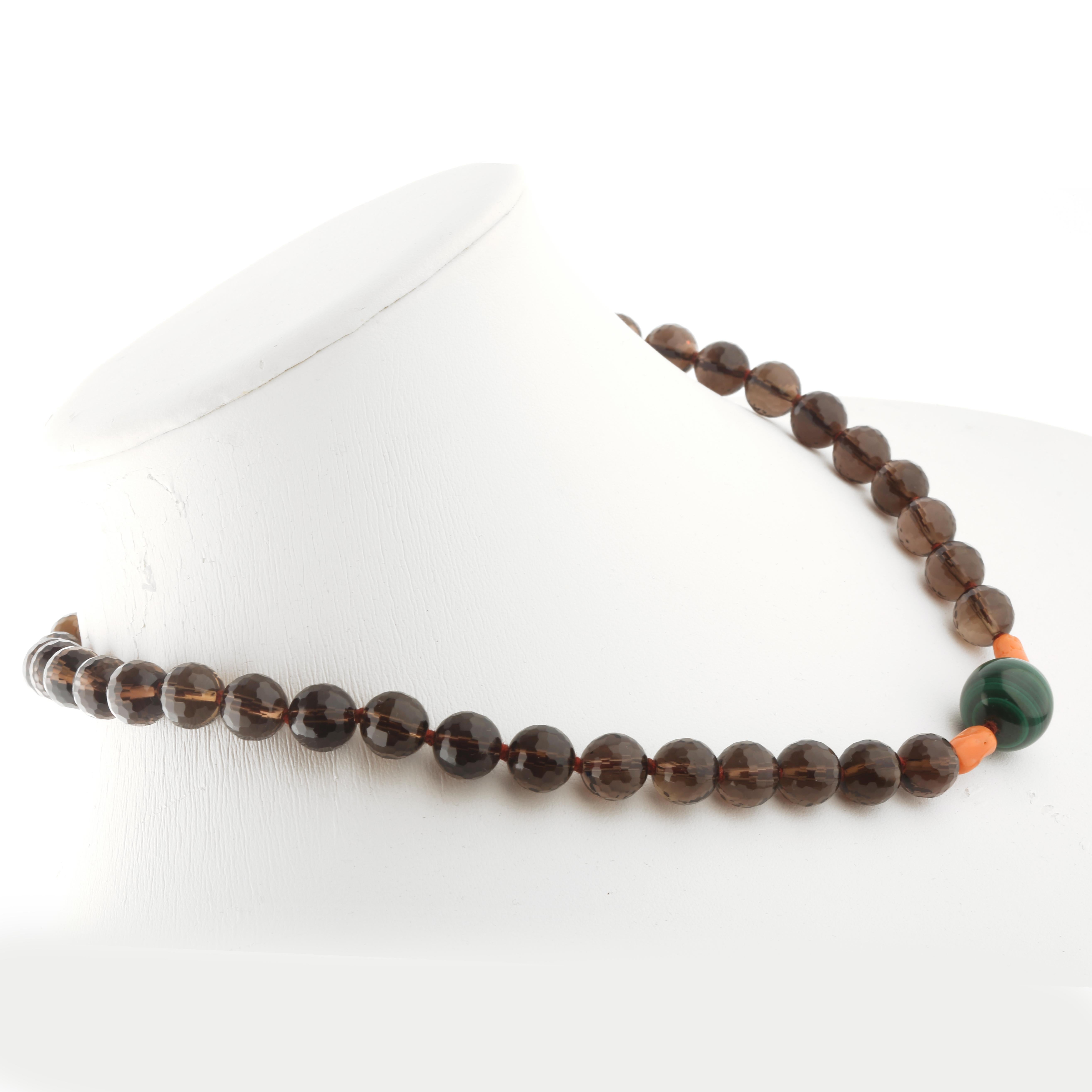 Art Nouveau Quarzo fumé Rosa Corallo Malachite Argento Collana di perline Intini Jewels in vendita