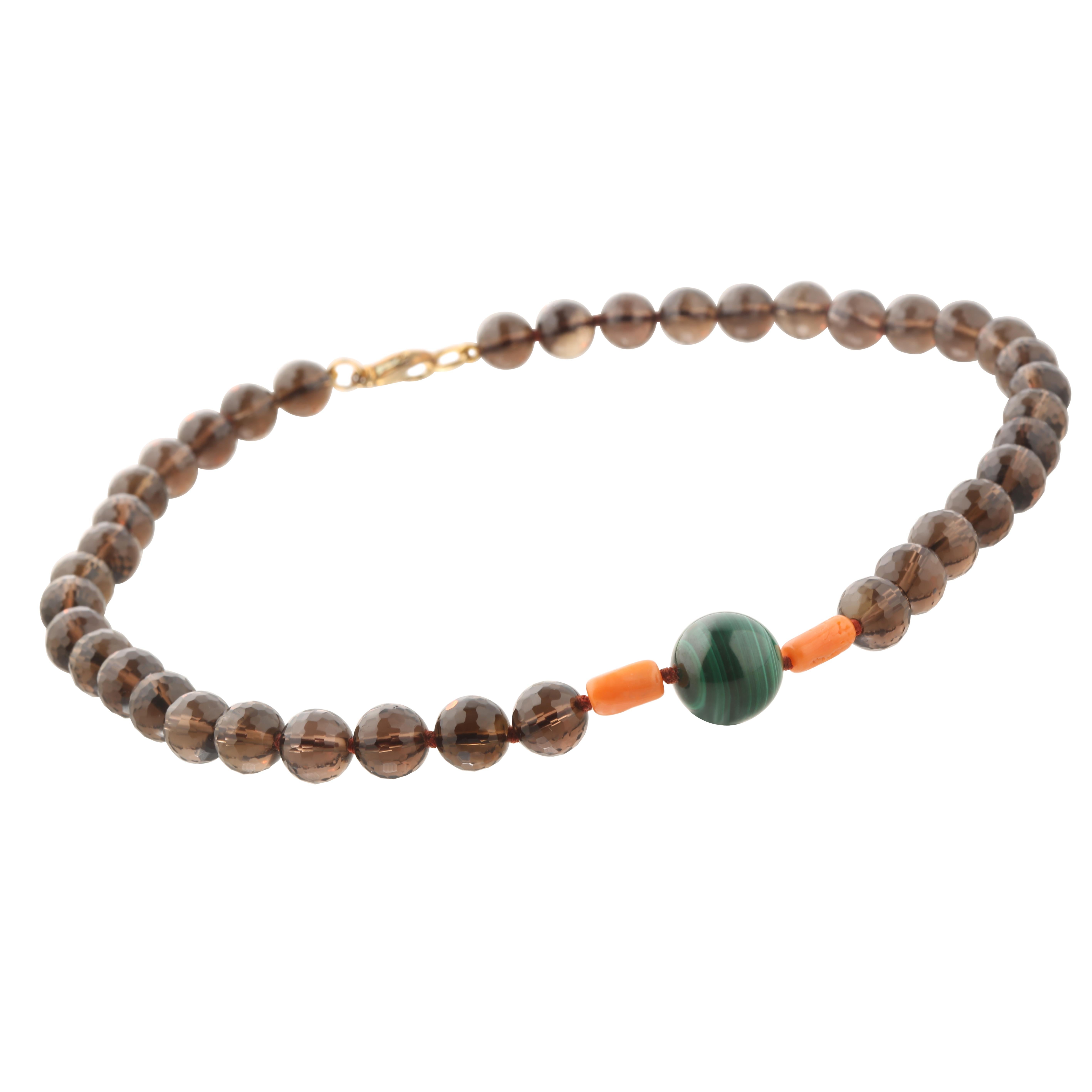 Donna Quarzo fumé Rosa Corallo Malachite Argento Collana di perline Intini Jewels in vendita