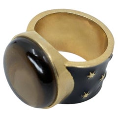 Rauchquarz Ring Schwarzer Emaille Sterne Vergoldeter Cocktail Ring