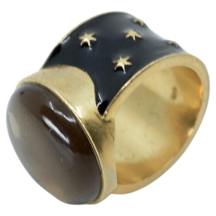 Cabochon-Kristallring, schwarzer Emaille-Cocktailring, „Celestial Star“, Rauchquarz