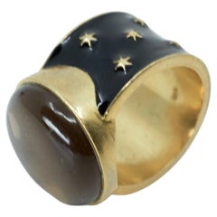 Rauchquarz Ring Schwarzer Emaille Sterne Vergoldeter Cocktail Ring
