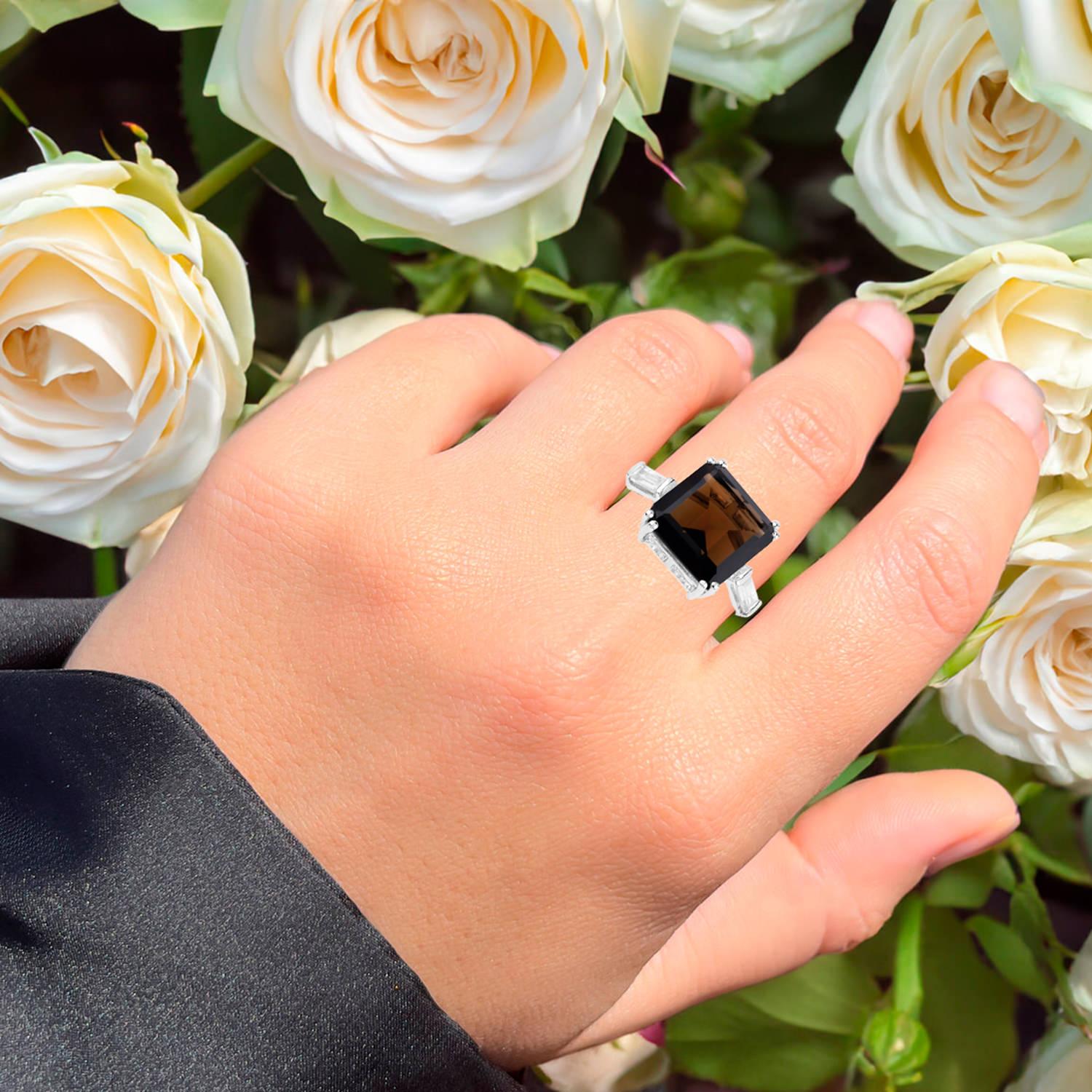 Contemporary Smoky Quartz Ring White Topaz 8.78 Carats Sterling Silver For Sale