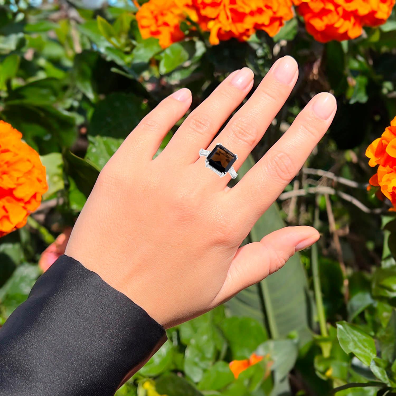 Asscher Cut Smoky Quartz Ring White Topaz 8.78 Carats Sterling Silver For Sale