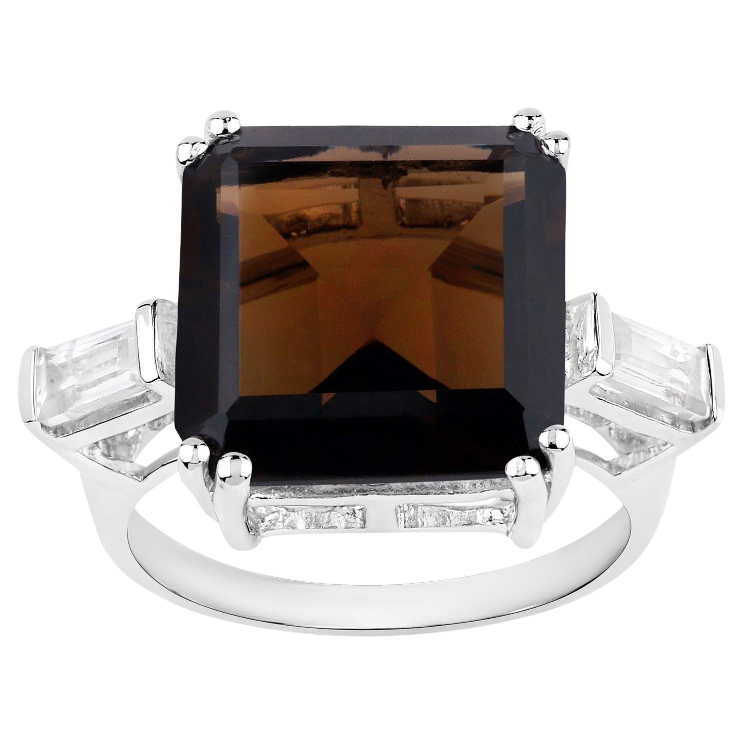 Smoky Quartz Ring White Topaz 8.78 Carats Sterling Silver