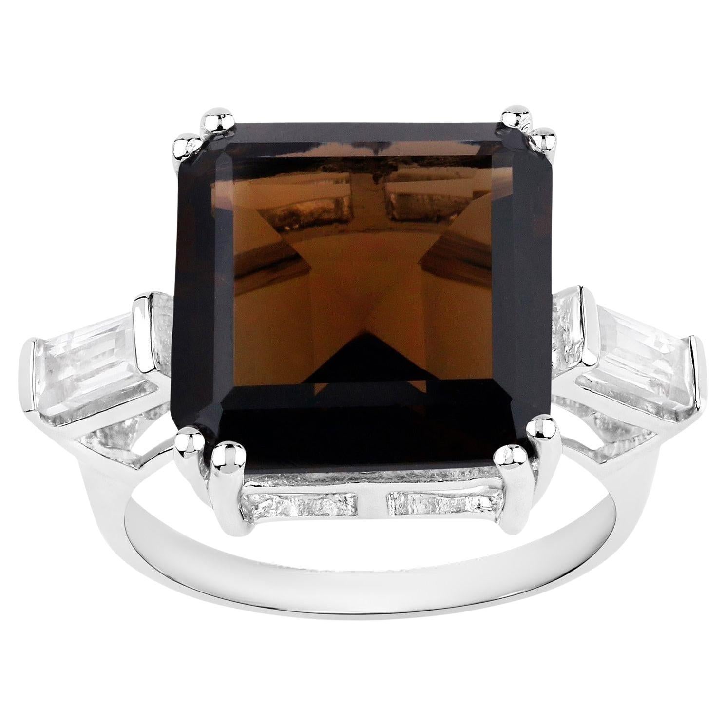 Smoky Quartz Ring White Topaz 8.78 Carats Sterling Silver For Sale