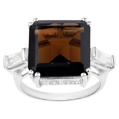 Smoky Quartz Ring White Topaz 8.78 Carats Sterling Silver