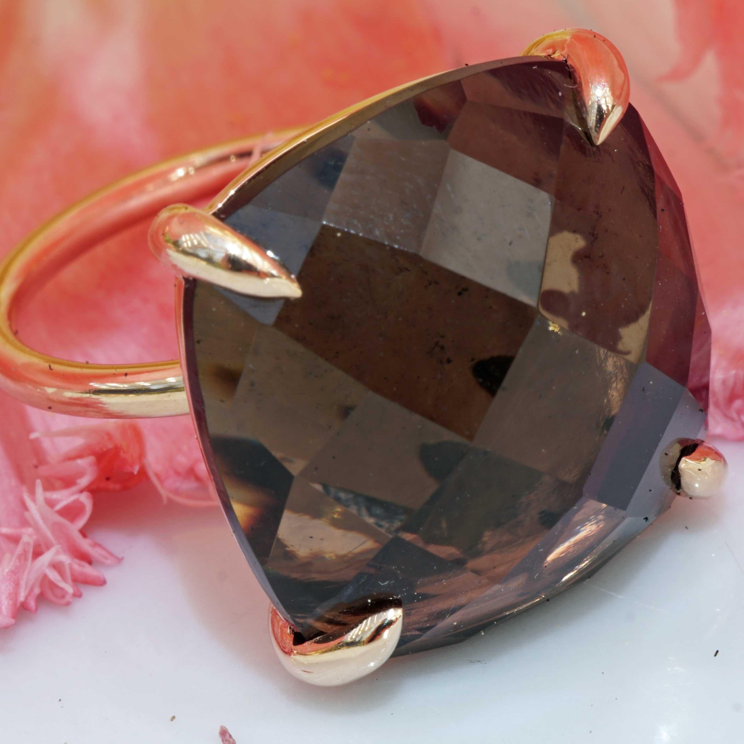 Bague combinaison parfaite en or rose 18 carats et quartz fumé XXL, taille 18 x 18 mm en vente 4