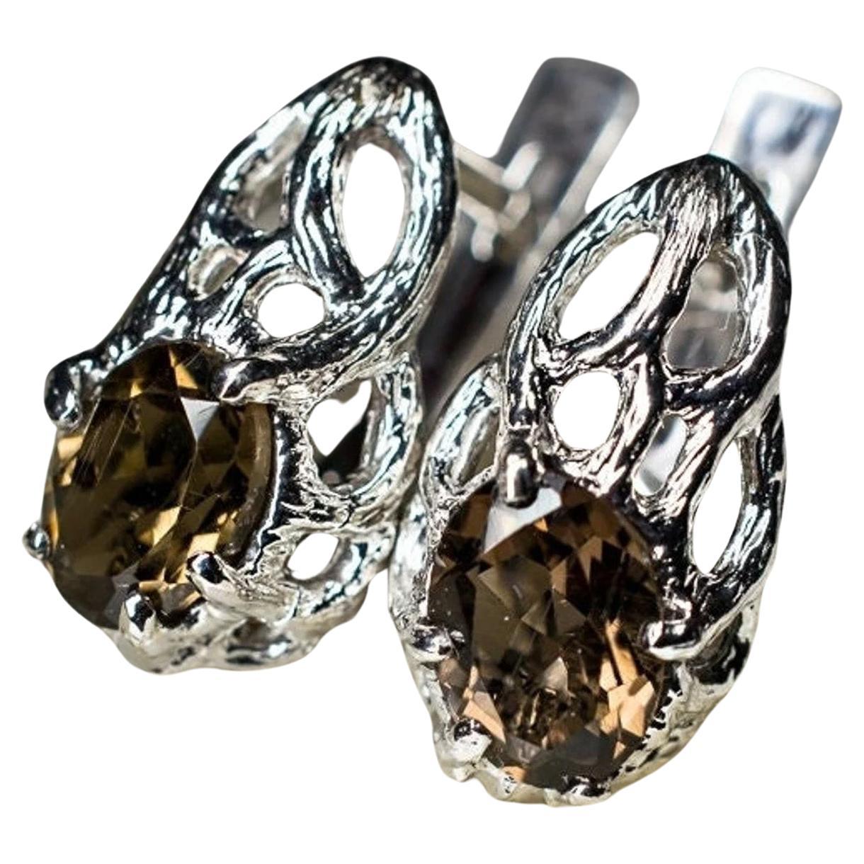 Smoky Quartz Silver Earrings Classic Oval Umber Brown Brazilian Natural Gemstone