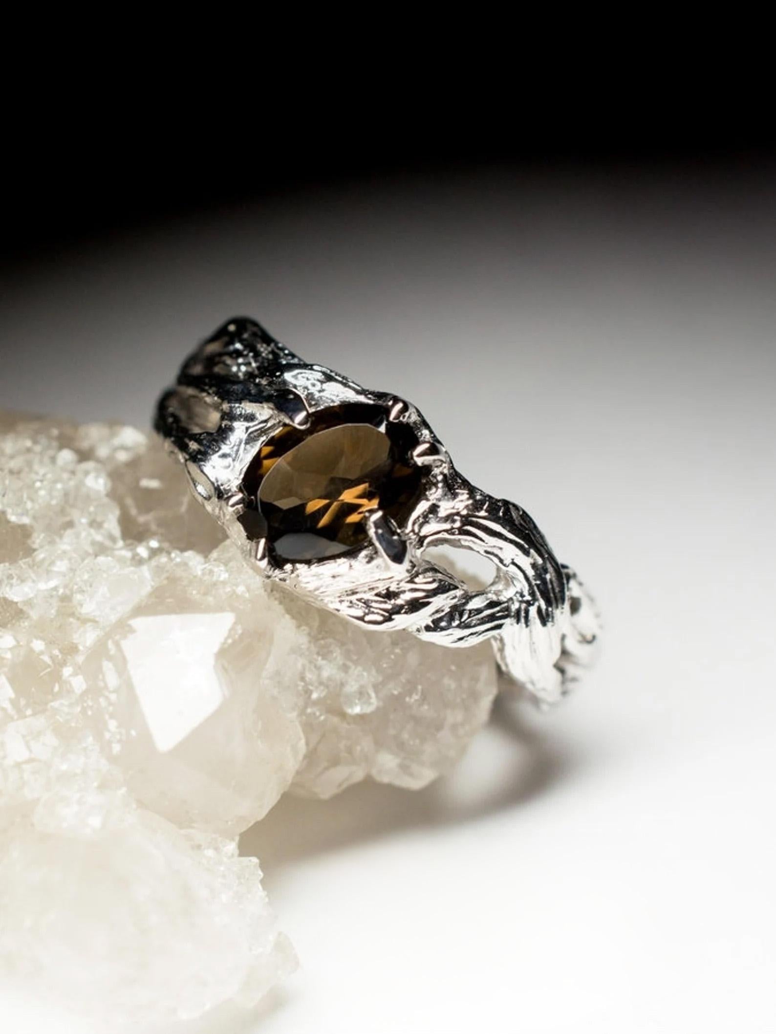 Smoky Quartz Silver Ring Natural Quartz Gemstone Unisex Jewelry Gift For Her Him en vente 4
