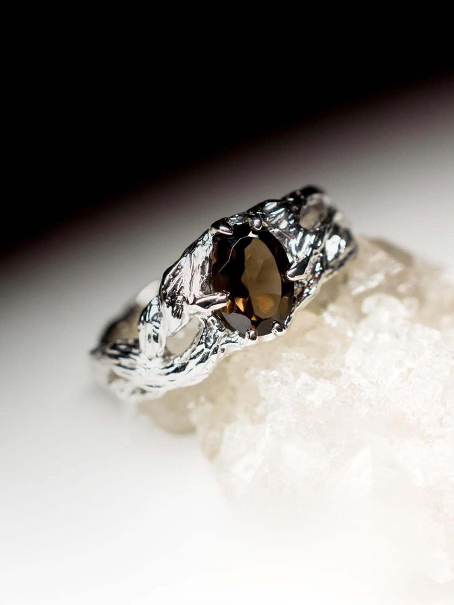Smoky Quartz Silver Ring Natural Quartz Gemstone Unisex Jewelry Gift For Her Him In New Condition For Sale In Berlin, DE