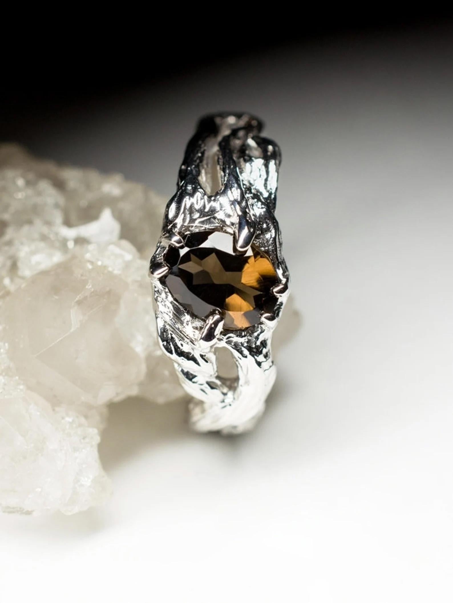 Smoky Quartz Silver Ring Natural Quartz Gemstone Unisex Jewelry Gift For Her Him Unisexe en vente