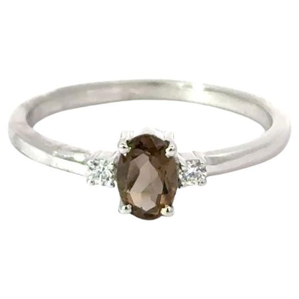 For Sale:  Smoky Quartz Solitaire Gemstone Ring wirh CZ in 925 Solid Silver Jewelry for Her