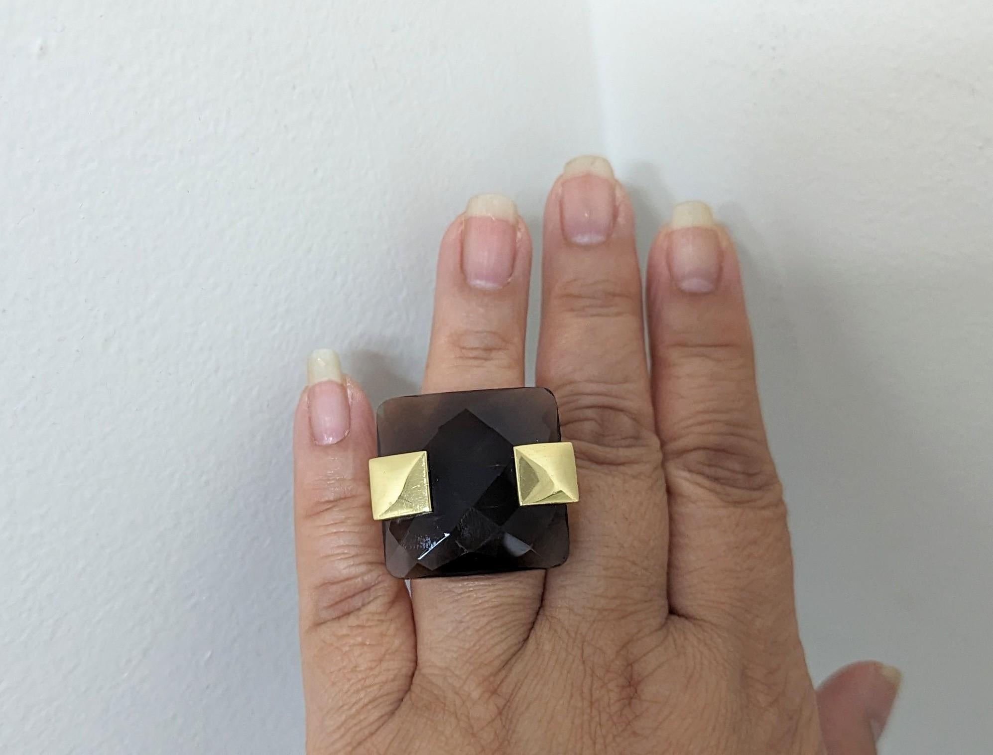 Beautiful 42.60 ct. smoky quartz square in a handmade 18k yellow gold ring.  Made in Italy.  Ring size 7.