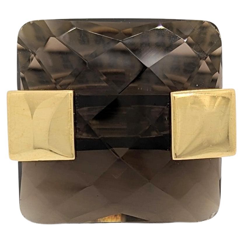 Smoky Quartz Square Shape Ring in 18K Yellow Gold For Sale
