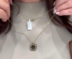 Smoky Quartz Square Shaped Necklace & Double Halo Diamonds in 14K Yellow Gold