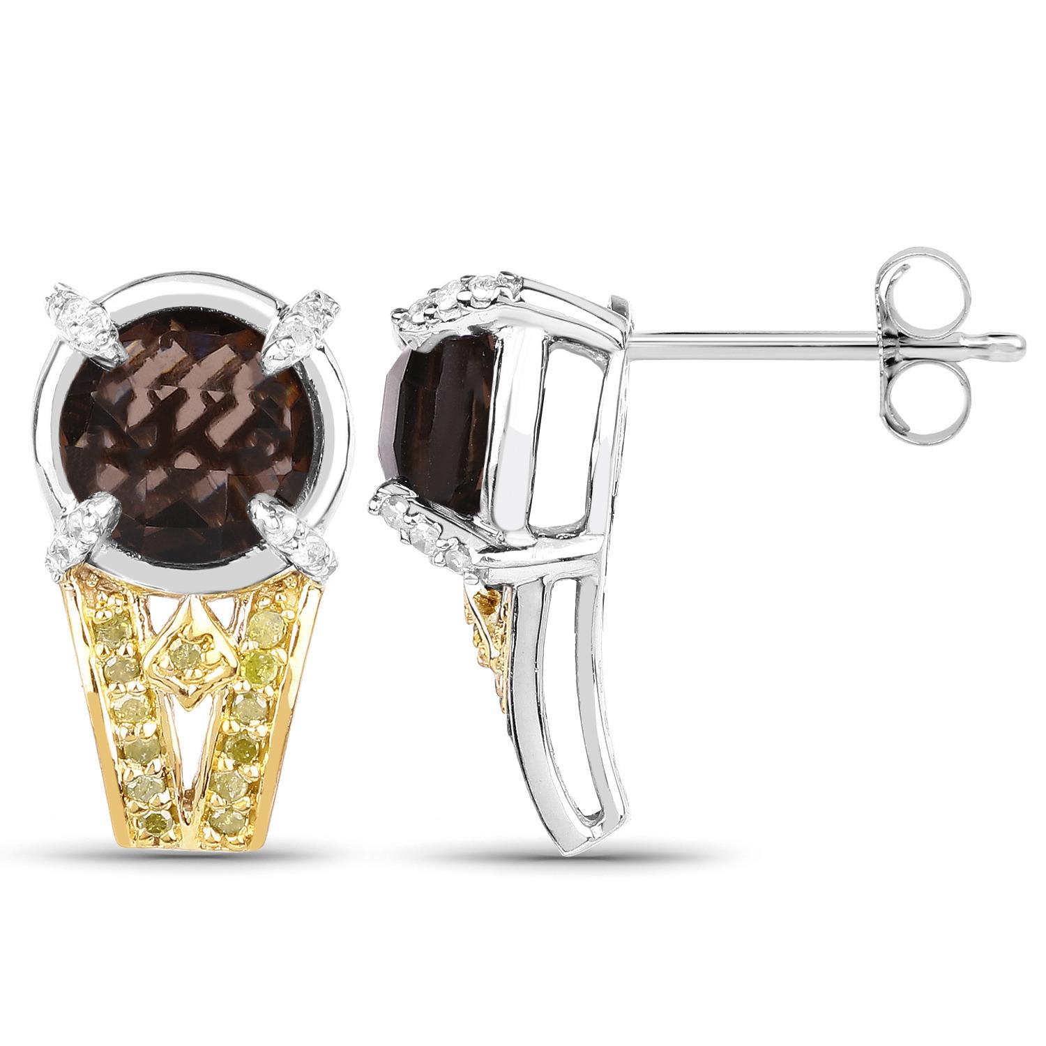 Orecchini a perno in quarzo fumé con diamanti 3,7 carati placcati in rodio A. Silver In condizioni ottime in vendita a Punta Gorda, FL