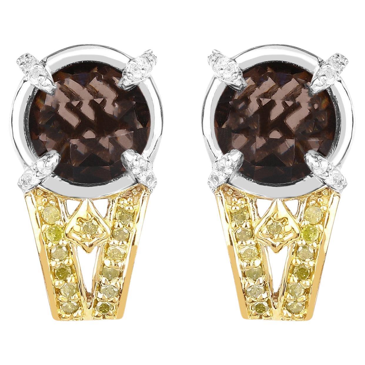 Smoky Quartz Stud Earrings Diamonds 3.7 Carats Rhodium Plated Silver For Sale