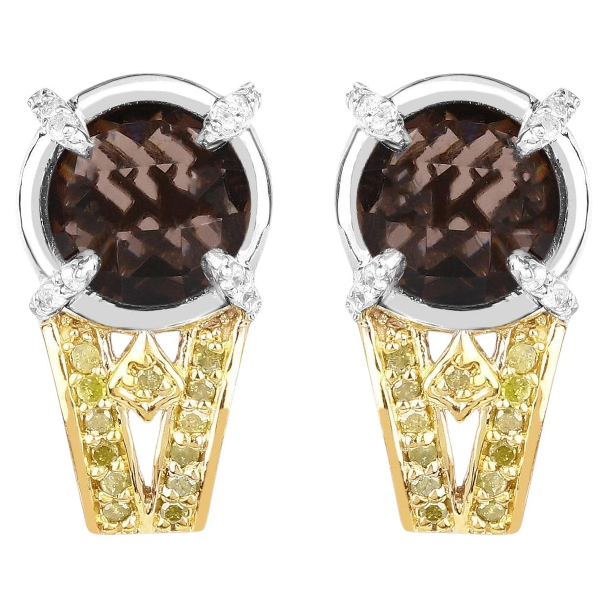 Smoky Quartz Stud Earrings Diamonds 3.7 Carats Rhodium Plated Silver