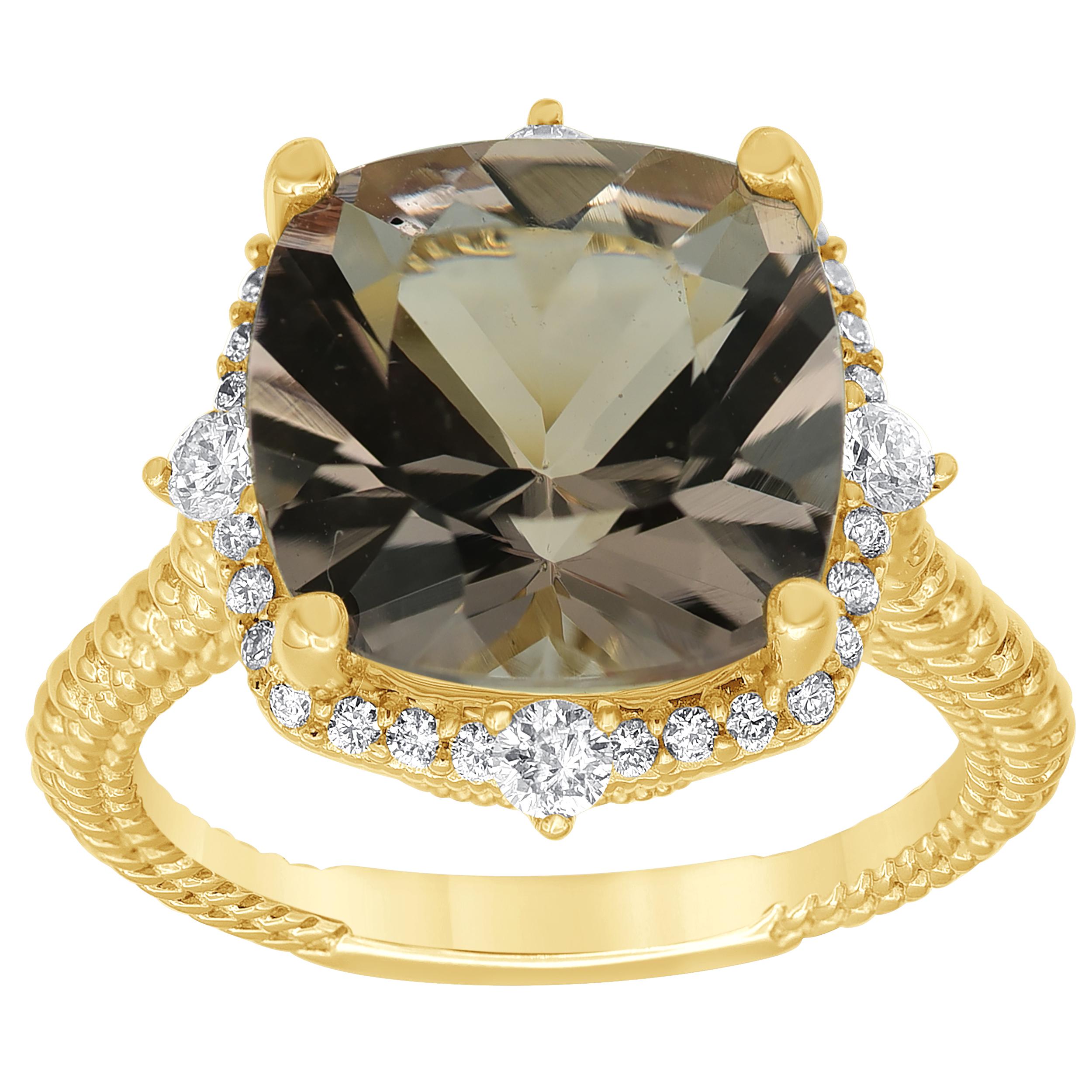 She'll be all smiles when you gift her with this gorgeous gemstone ring. Crafted in warm 14K yellow gold, this luxe style showcases cushion-cut deep smoky quartz wrapped in a sun-style frame of shimmering diamond accents. Buffed to a brilliant