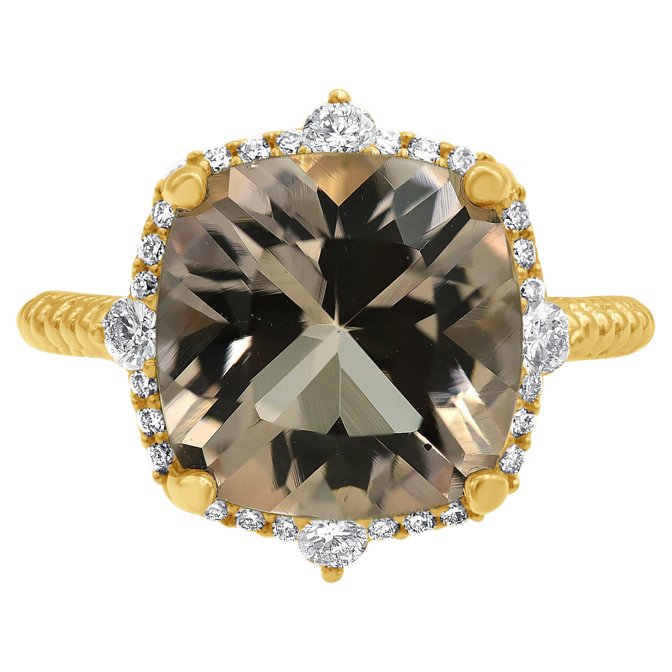 Smoky Quartz with 0.40 Carat Accent Diamond Prong Set 14K Yellow Gold Ring For Sale