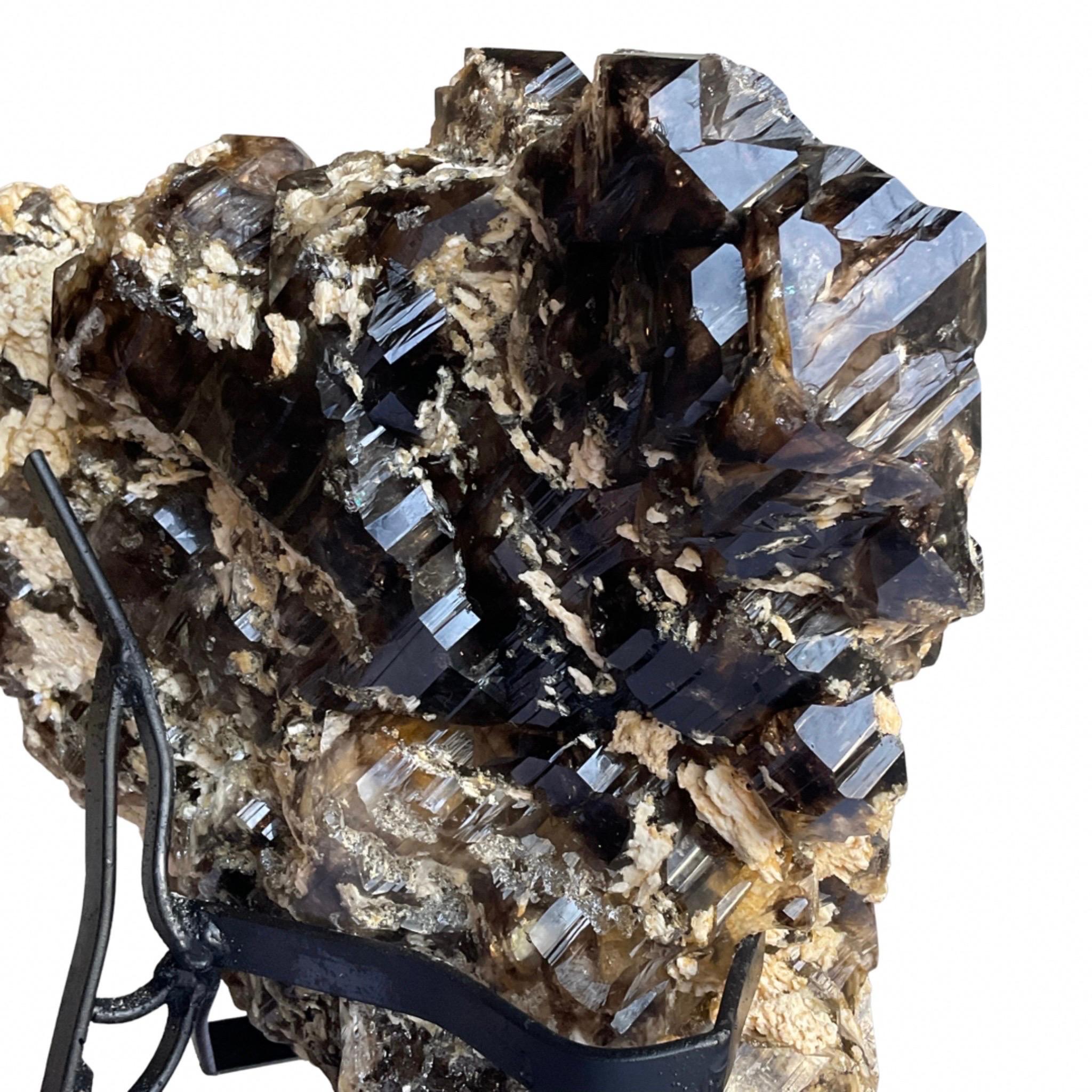 18th Century and Earlier Smoky Quartz with Calcite 60 LBS Large Crystal on Stand