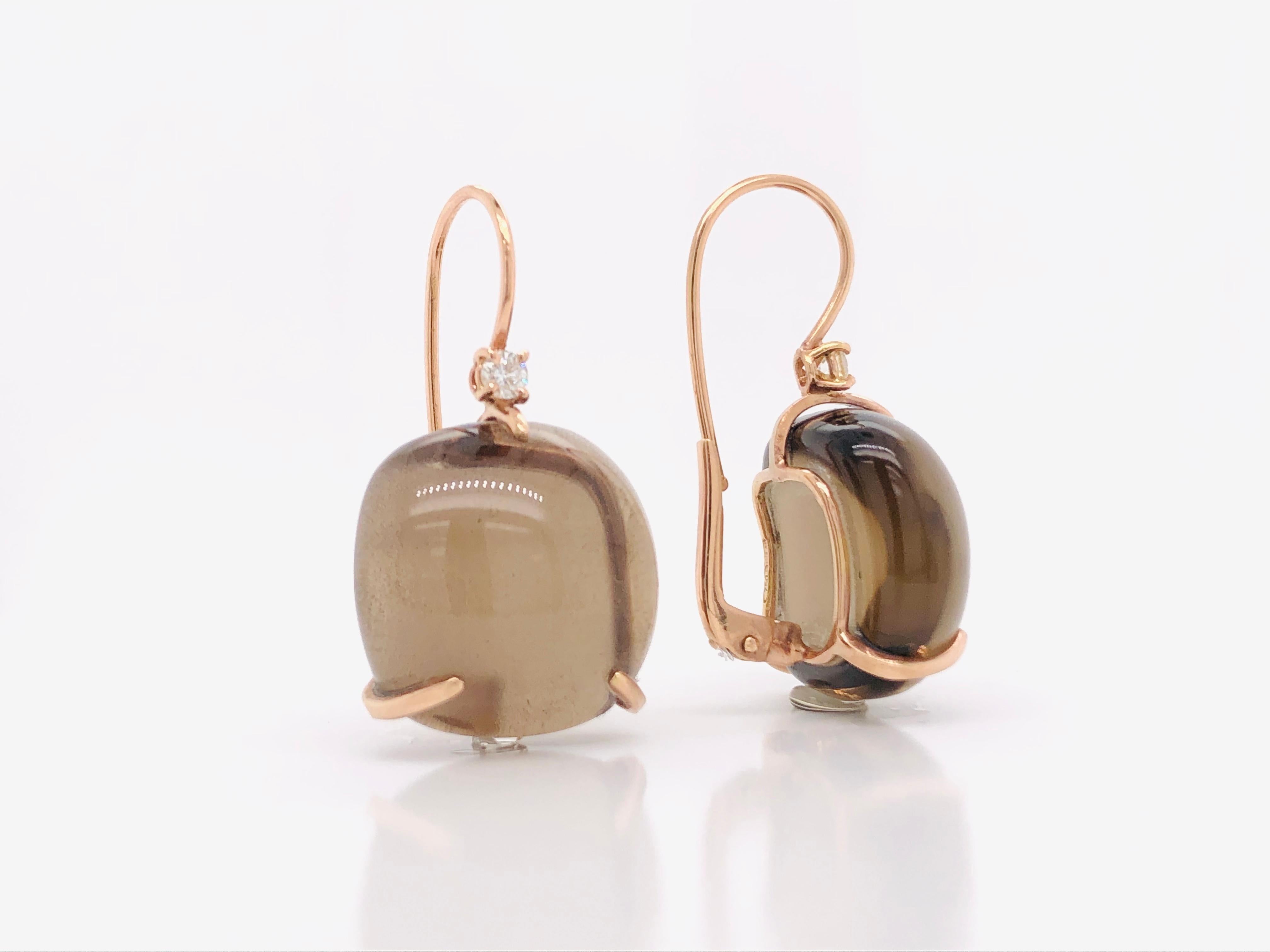 Contemporary Smoky Quartz with Diamonds on Pink Gold 18 Karat Lever-Back Earrings For Sale