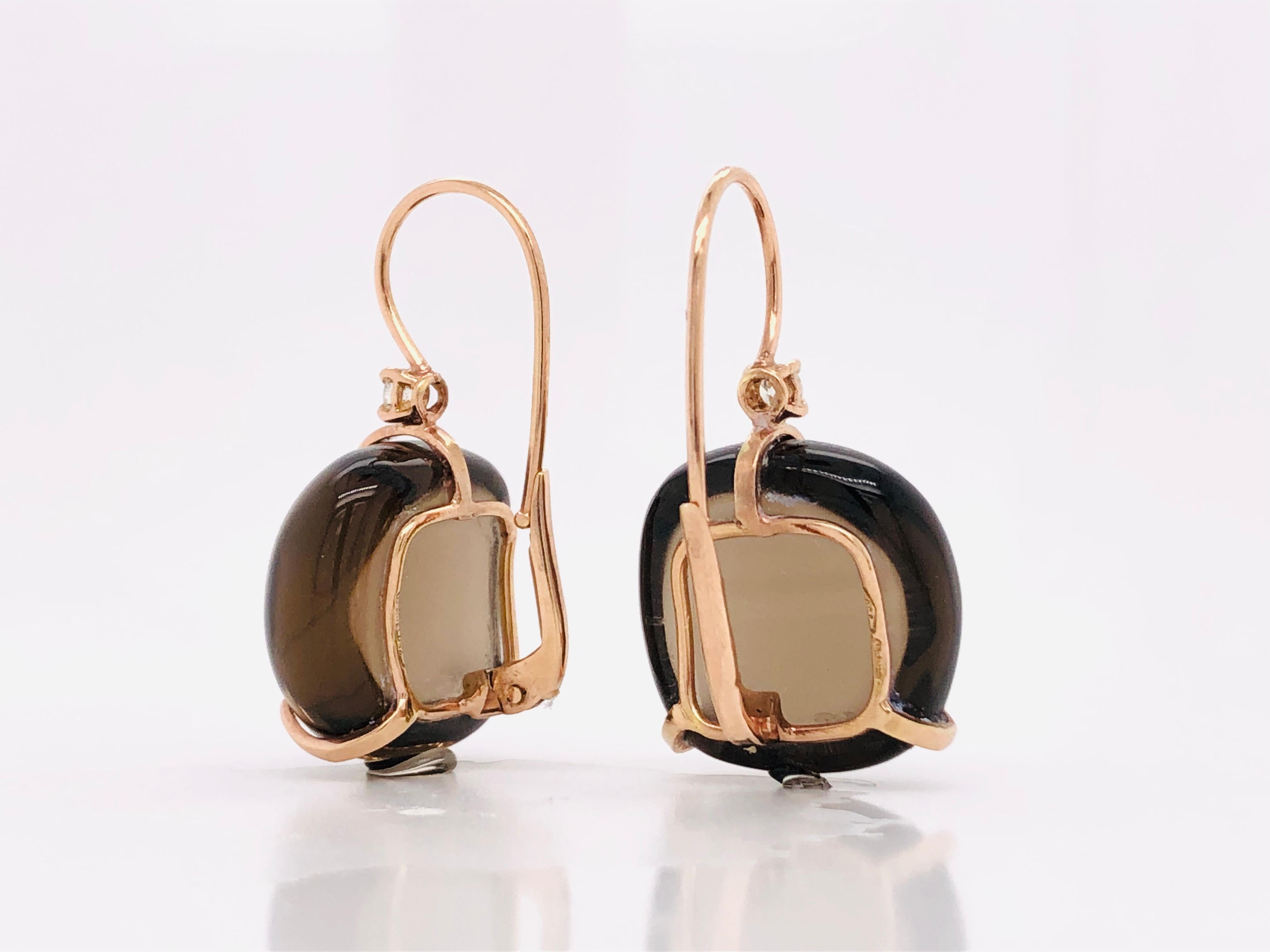 Smoky Quartz with Diamonds on Pink Gold 18 Karat Lever-Back Earrings In New Condition For Sale In Vannes, FR