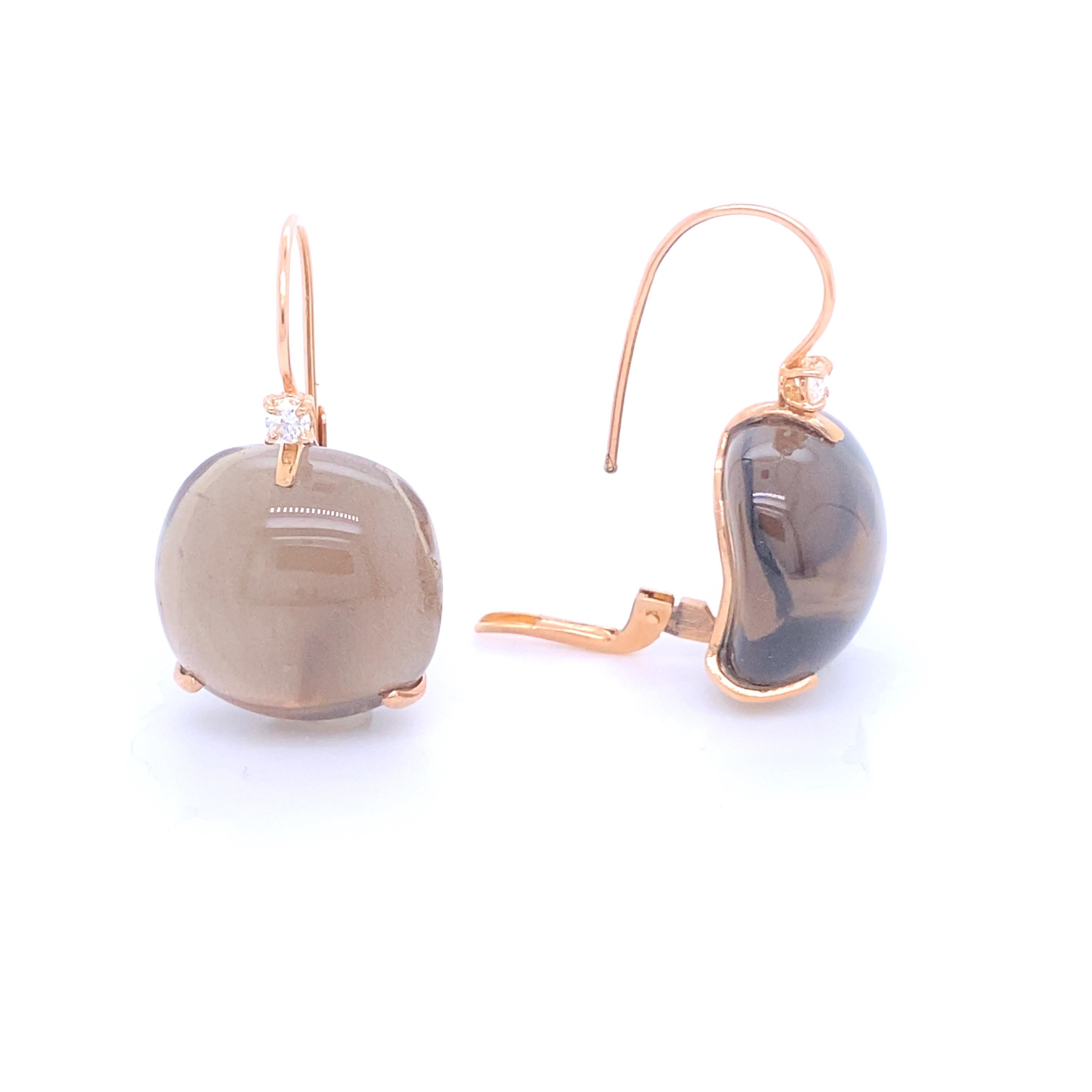 Smoky Quartz with Diamonds on Pink Gold 18 Karat Lever-Back Earrings For Sale 1