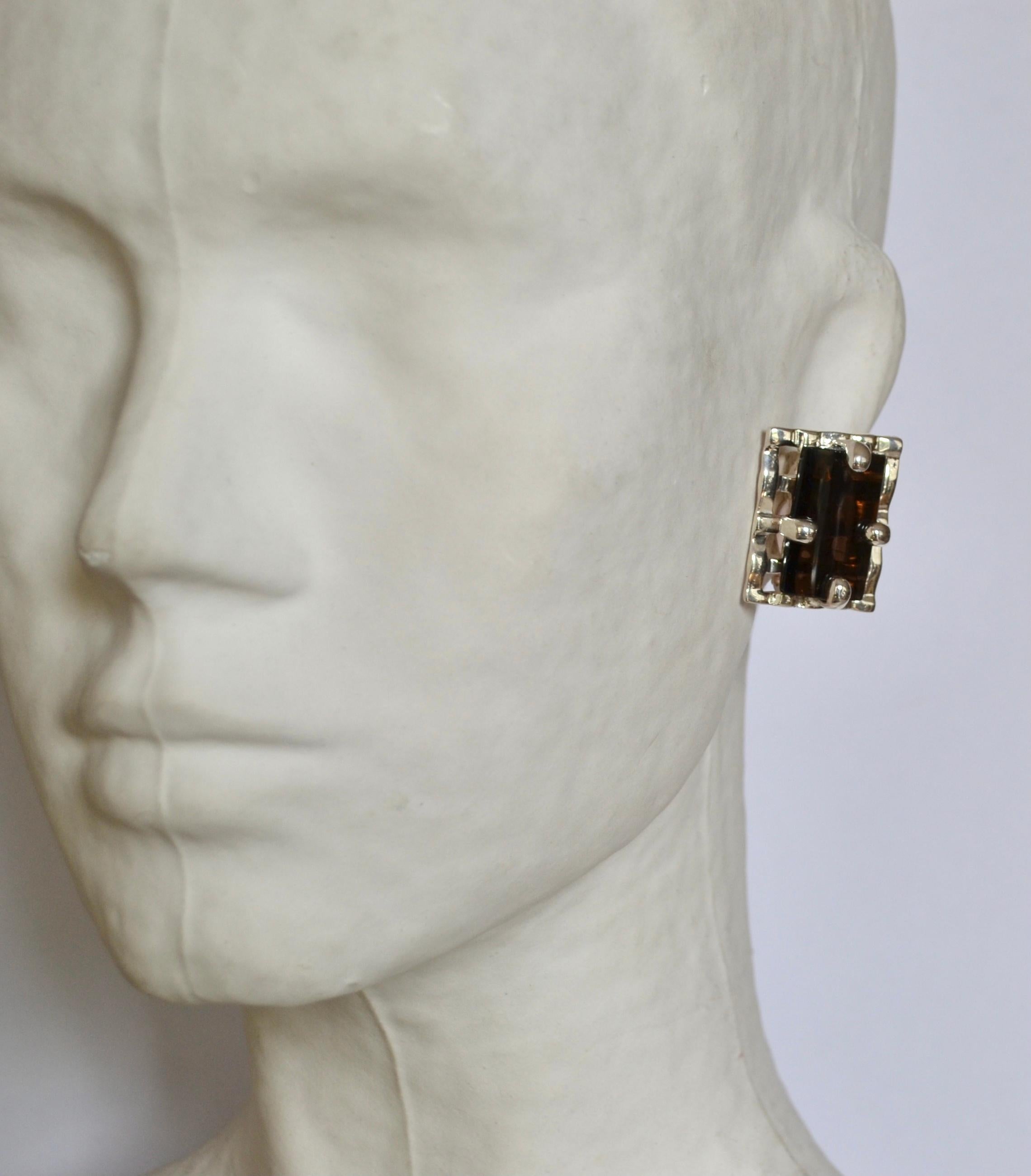 Modern Smoky Rock Crystal and Silver Clip Earrings For Sale