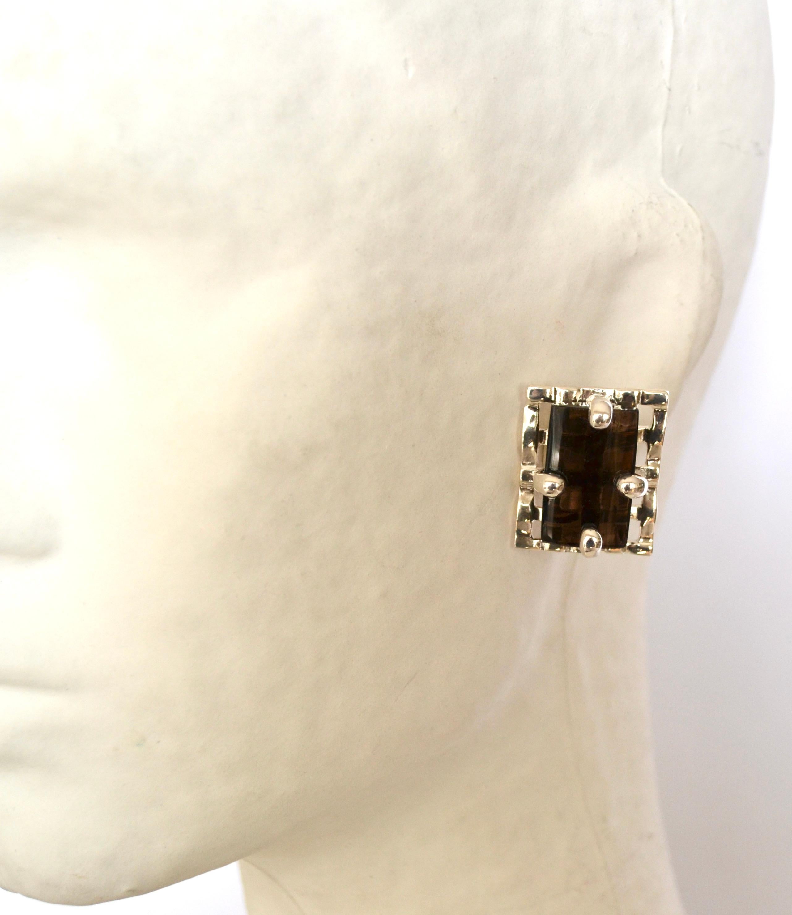 Emerald Cut Smoky Rock Crystal and Silver Clip Earrings For Sale