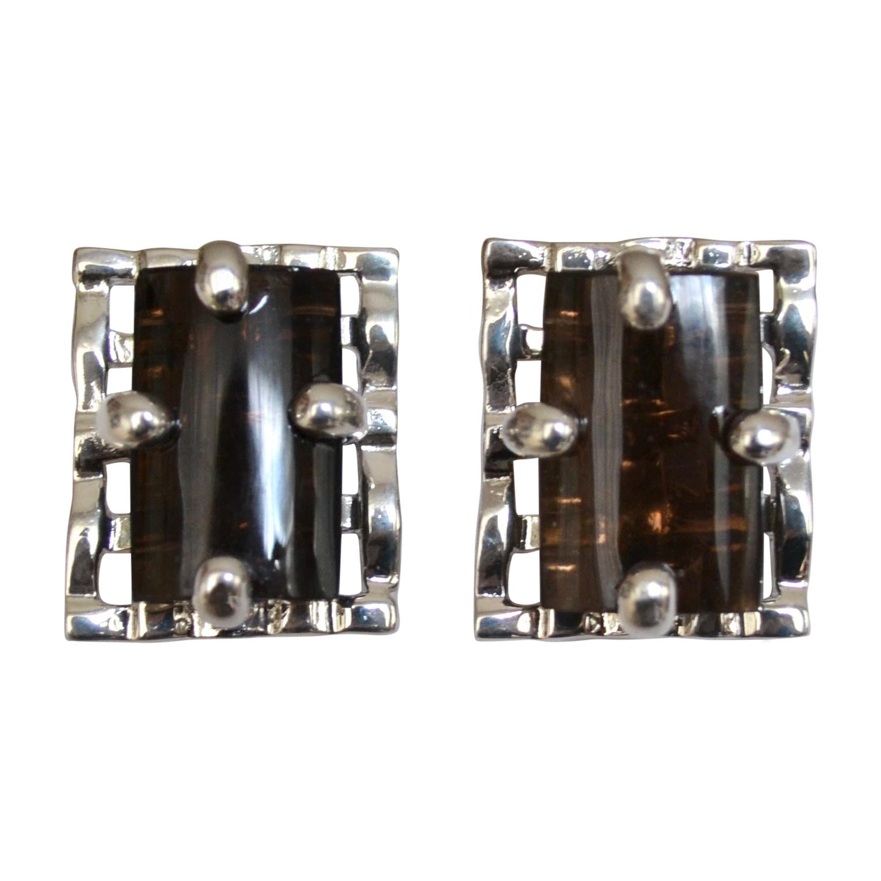Smoky Rock Crystal and Silver Clip Earrings For Sale