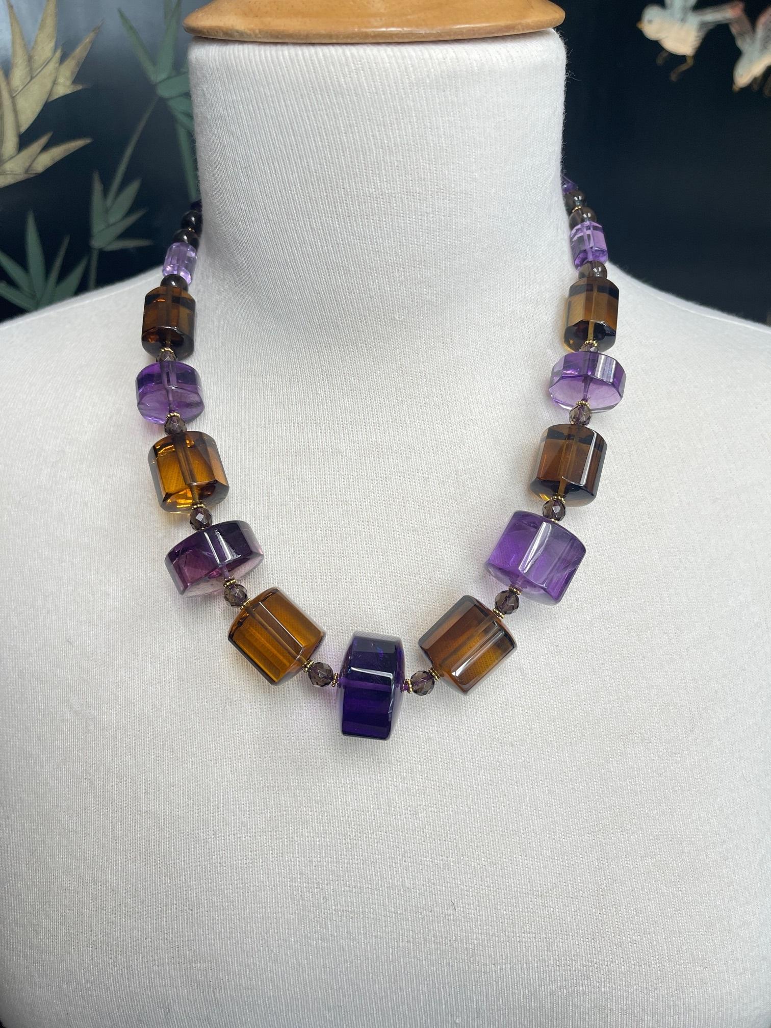 Perlina Collana con perline di Topazio fumé e Ametista con accenti in oro giallo 18k, 20 pollici in vendita