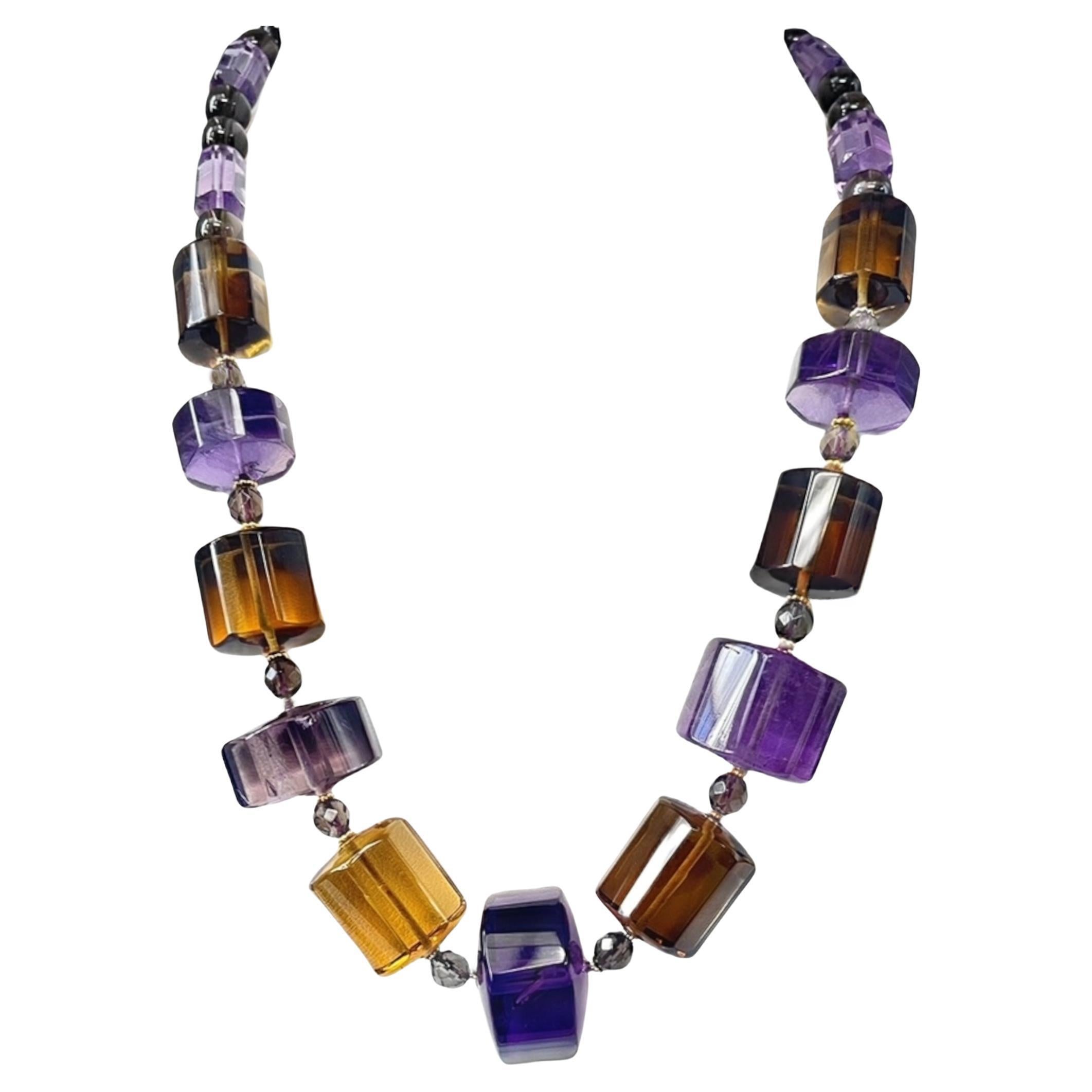 Smoky Topaz and Amethyst Beaded Necklace with 18k Yellow Gold Accents, 20 Inches